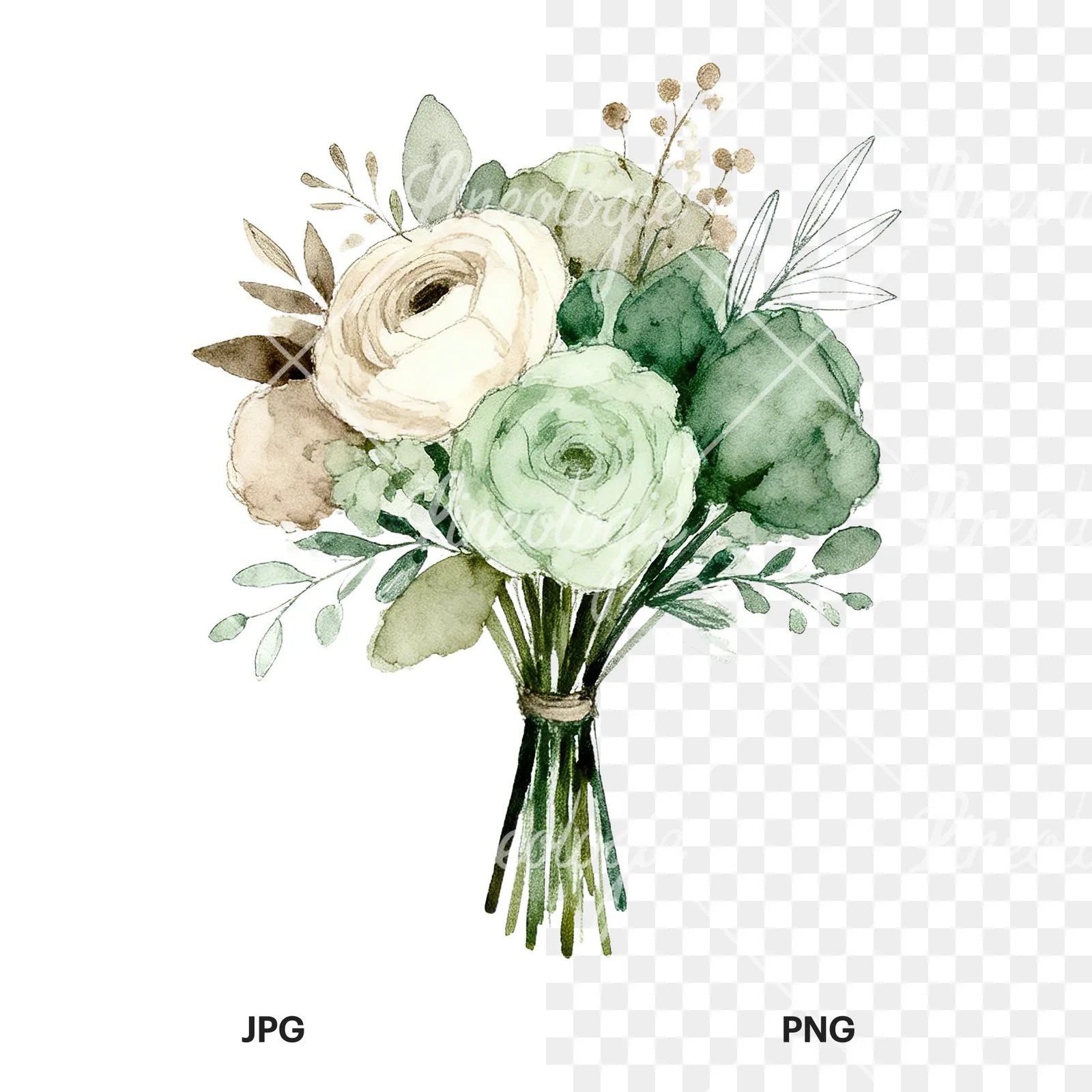 Watercolor sage green and taupe wedding bouquet clipart 1 of 9, as a JPG on white and a transparent PNG