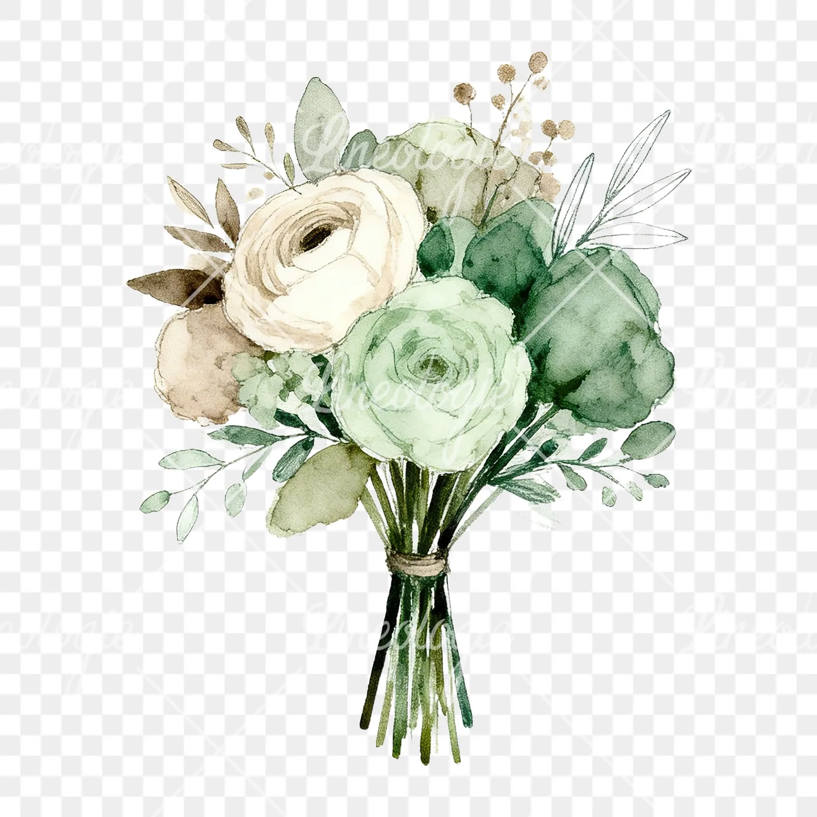 Watercolor sage green and taupe wedding bouquet clipart 1 of 9 on a transparent background (PNG)