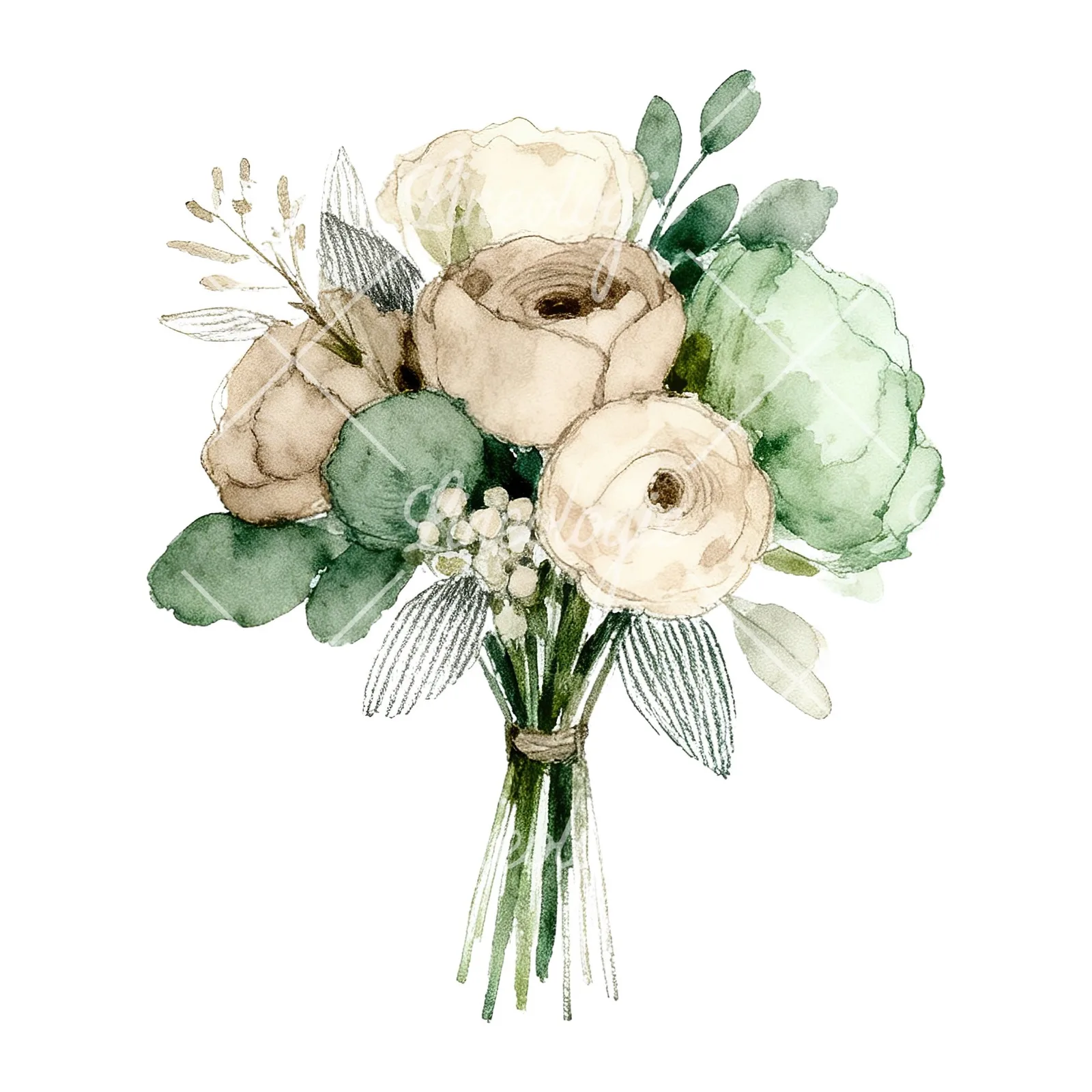 Watercolor sage green and taupe wedding bouquet clipart 2 of 9 on a white background (JPG)