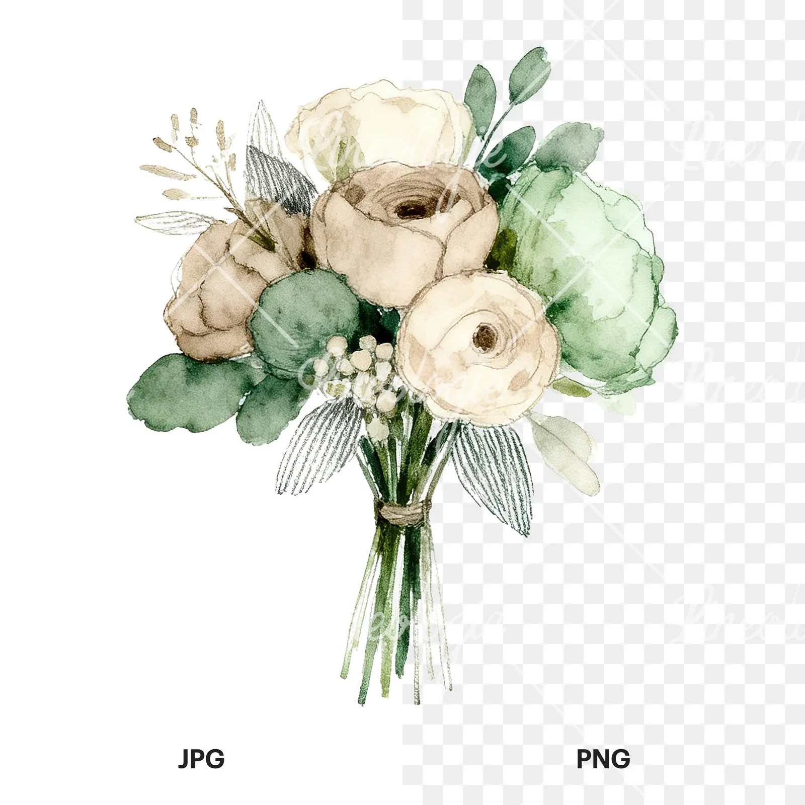 Watercolor sage green and taupe wedding bouquet clipart 2 of 9, as a JPG on white and a transparent PNG