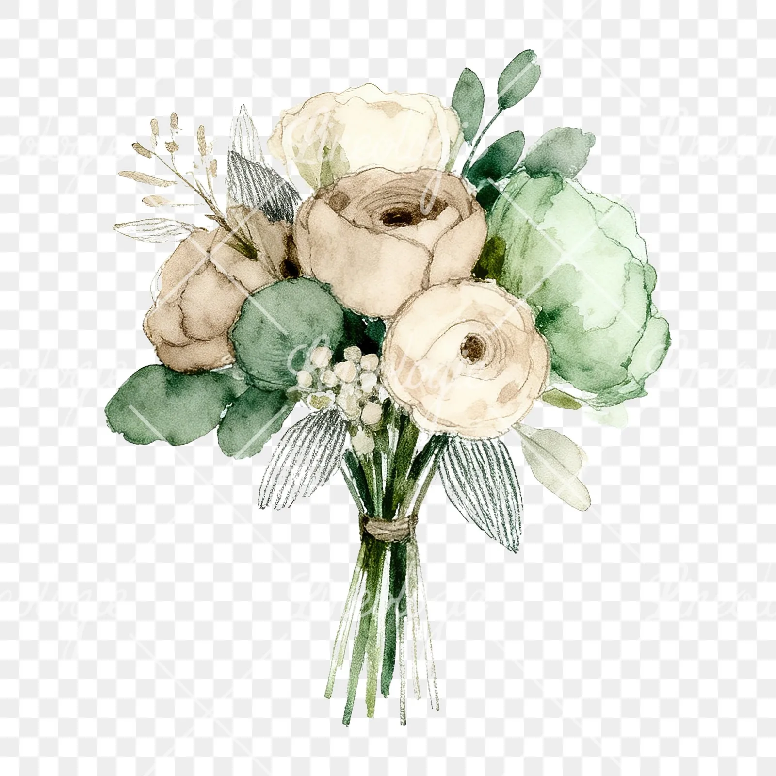 Watercolor sage green and taupe wedding bouquet clipart 2 of 9 on a transparent background (PNG)
