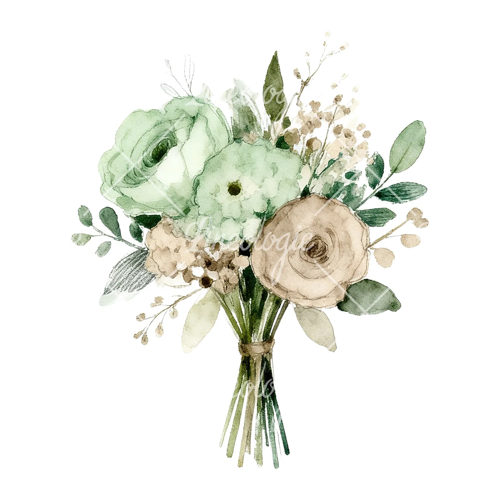 Watercolor sage green and taupe wedding bouquet clipart 3 of 9 on a white background (JPG)