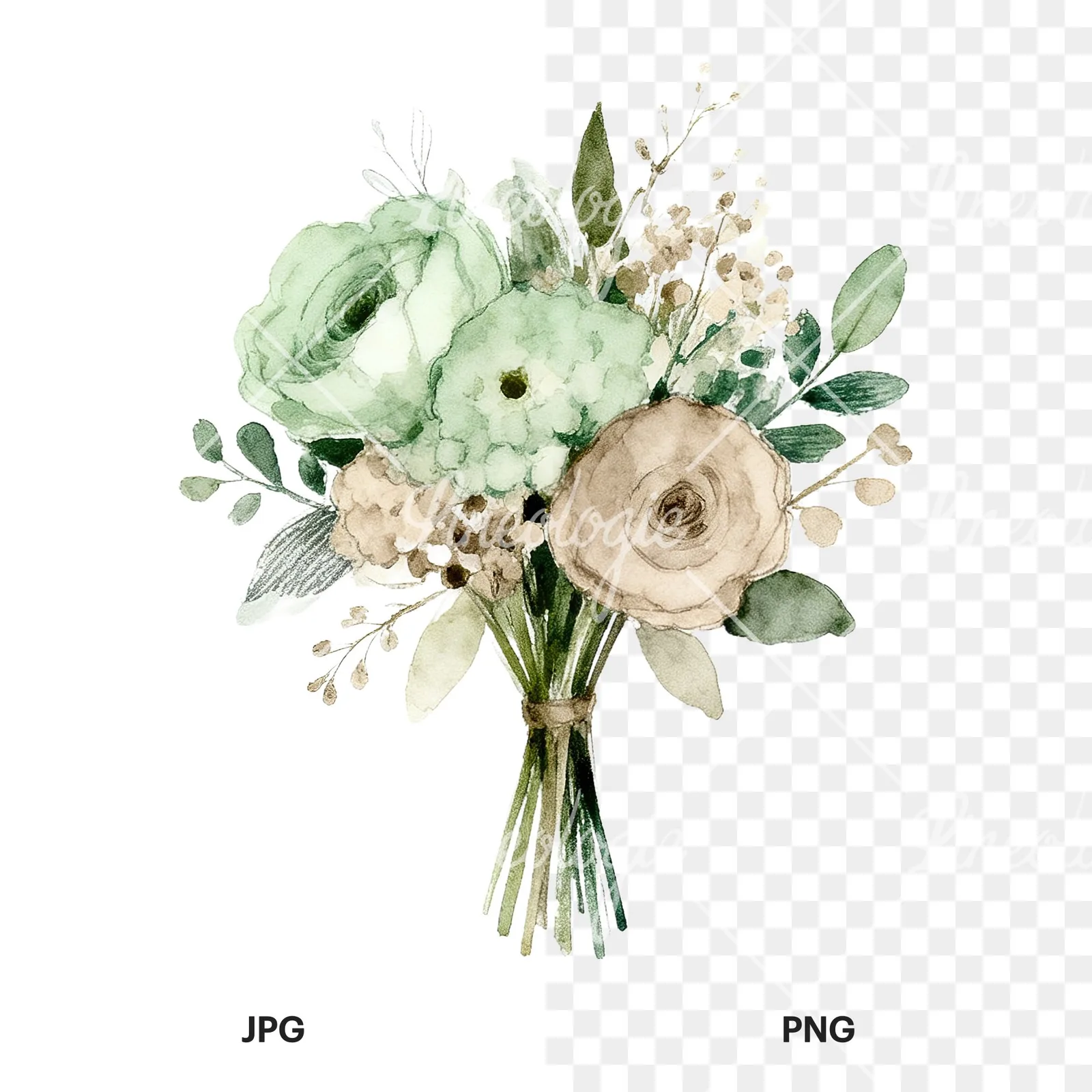 Watercolor sage green and taupe wedding bouquet clipart 3 of 9, as a JPG on white and a transparent PNG