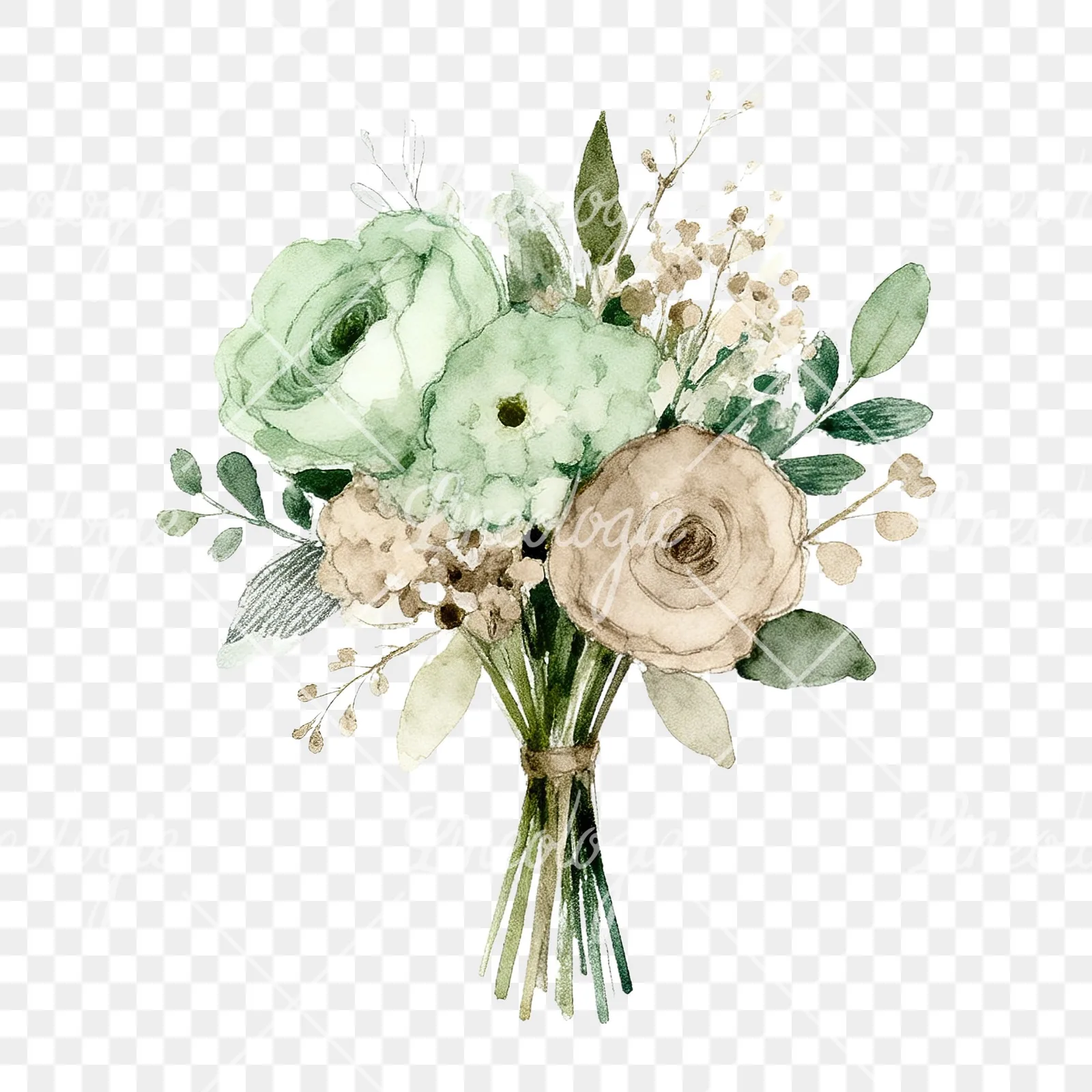 Watercolor sage green and taupe wedding bouquet clipart 3 of 9 on a transparent background (PNG)