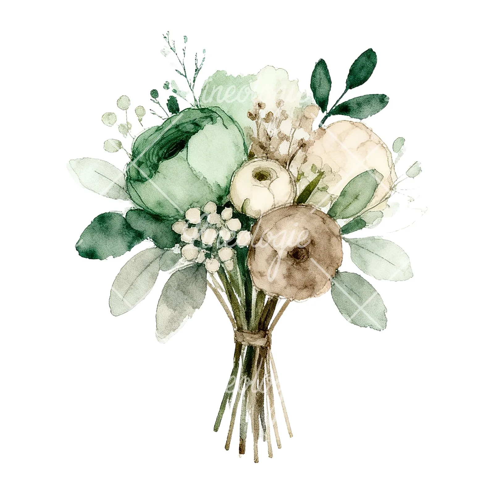 Watercolor sage green and taupe wedding bouquet clipart 4 of 9 on a white background (JPG)