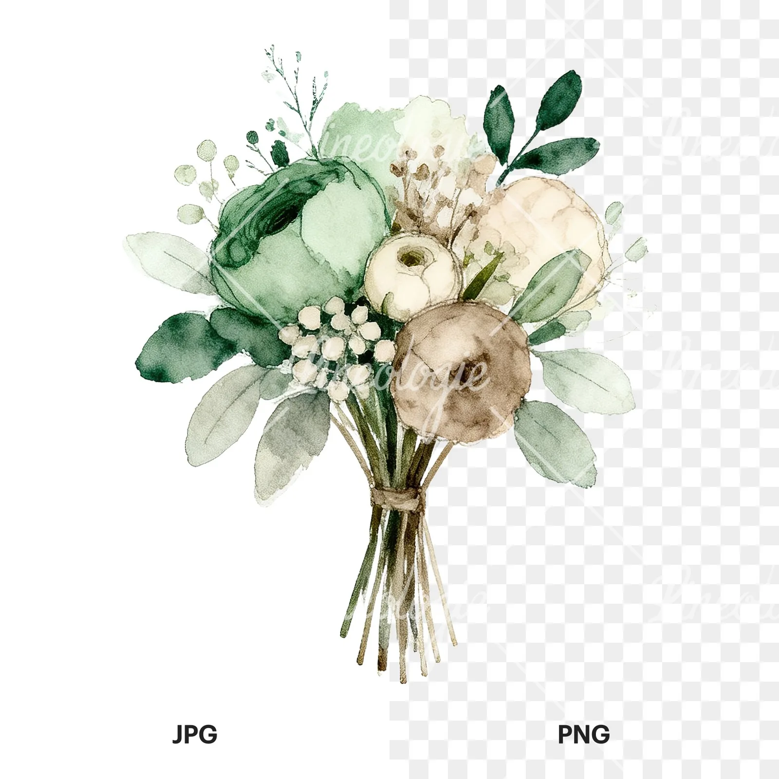 Watercolor sage green and taupe wedding bouquet clipart 4 of 9, as a JPG on white and a transparent PNG