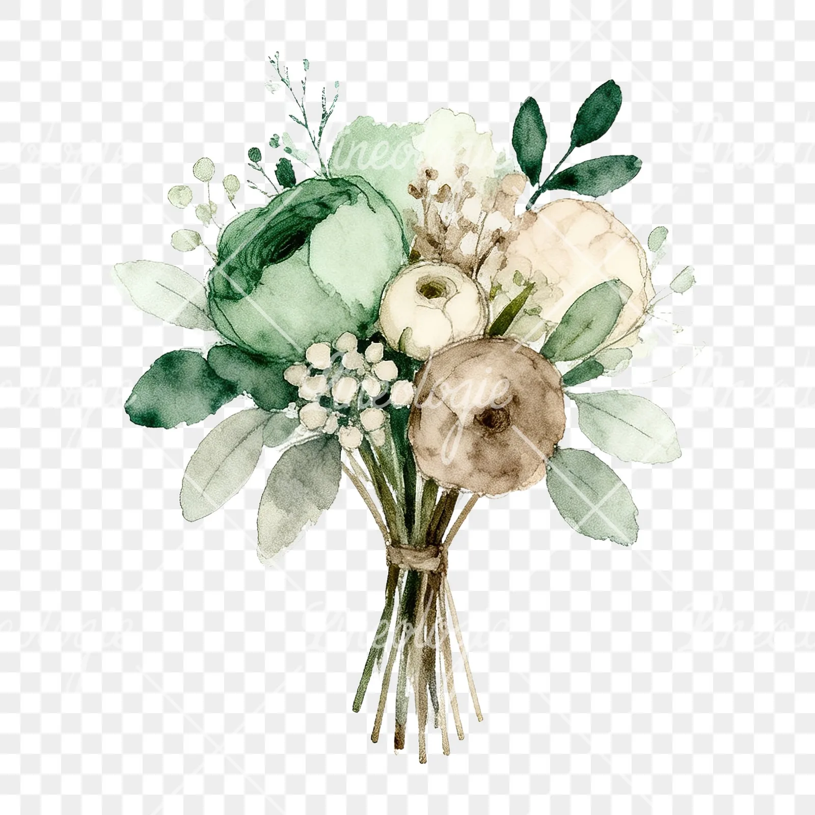 Watercolor sage green and taupe wedding bouquet clipart 4 of 9 on a transparent background (PNG)