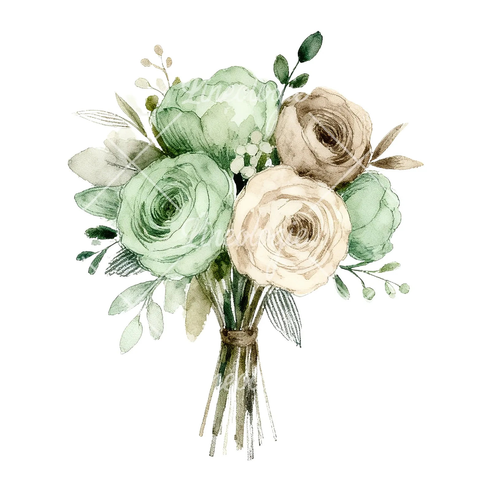 Watercolor sage green and taupe wedding bouquet clipart 5 of 9 on a white background (JPG)