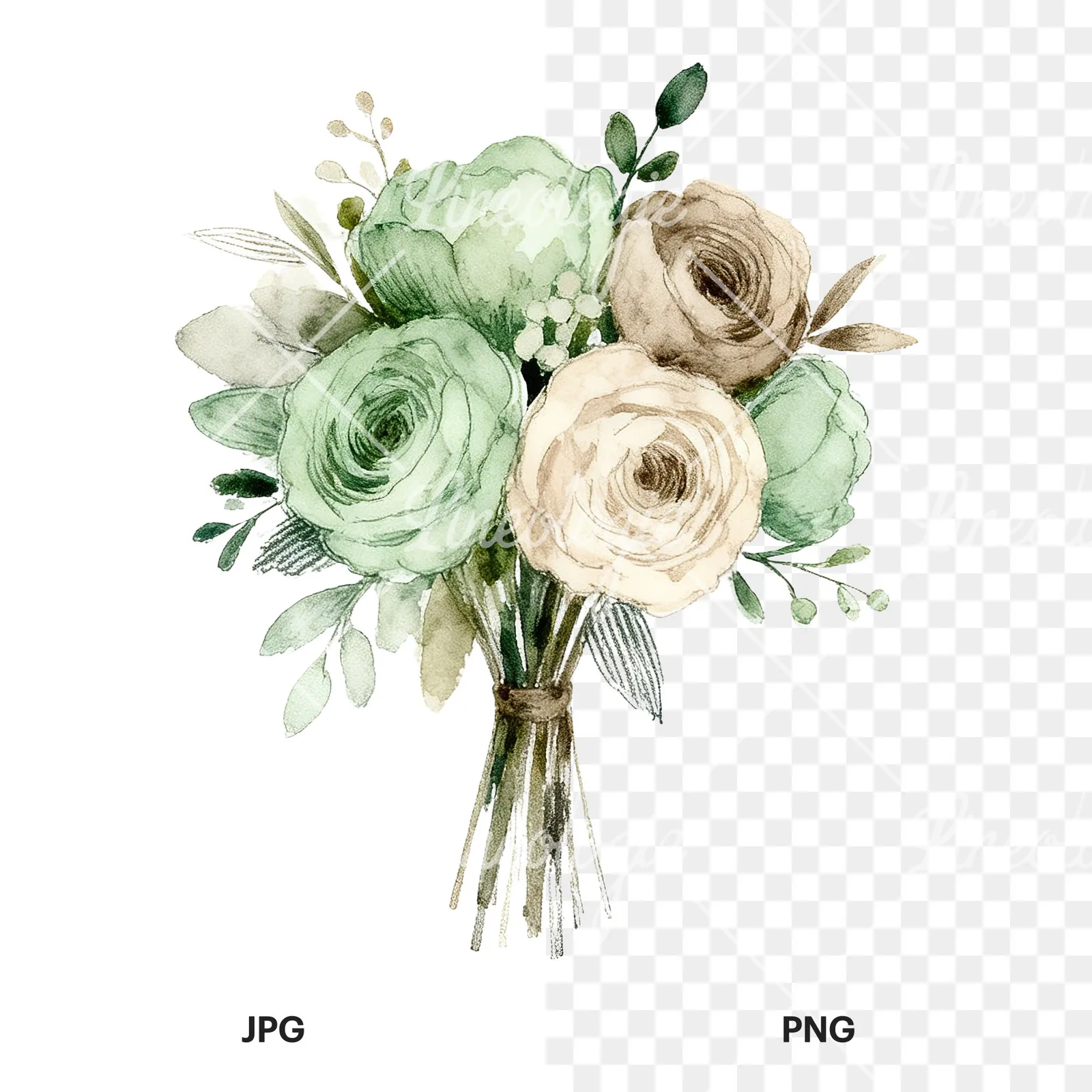 Watercolor sage green and taupe wedding bouquet clipart 5 of 9, as a JPG on white and a transparent PNG