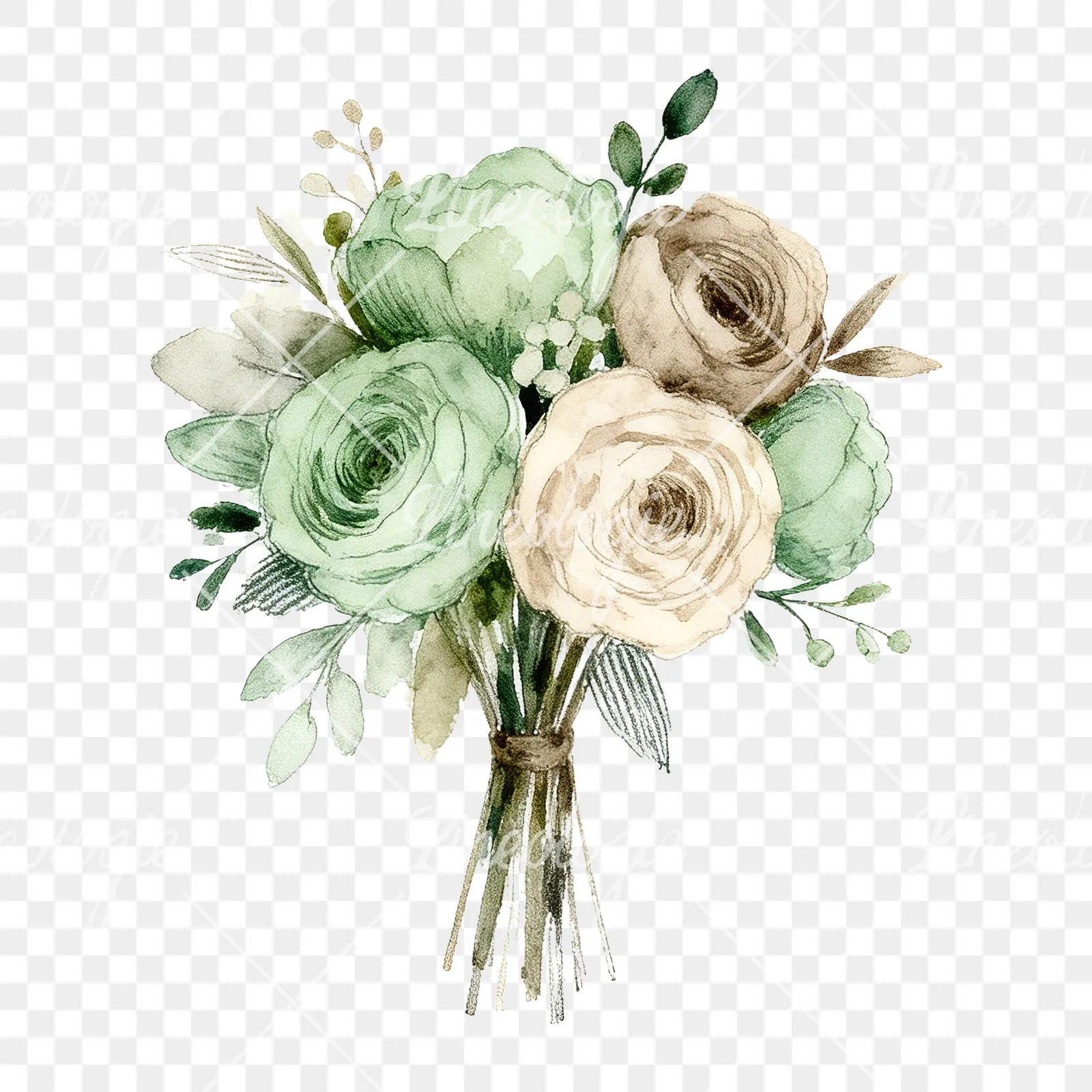 Watercolor sage green and taupe wedding bouquet clipart 5 of 9 on a transparent background (PNG)