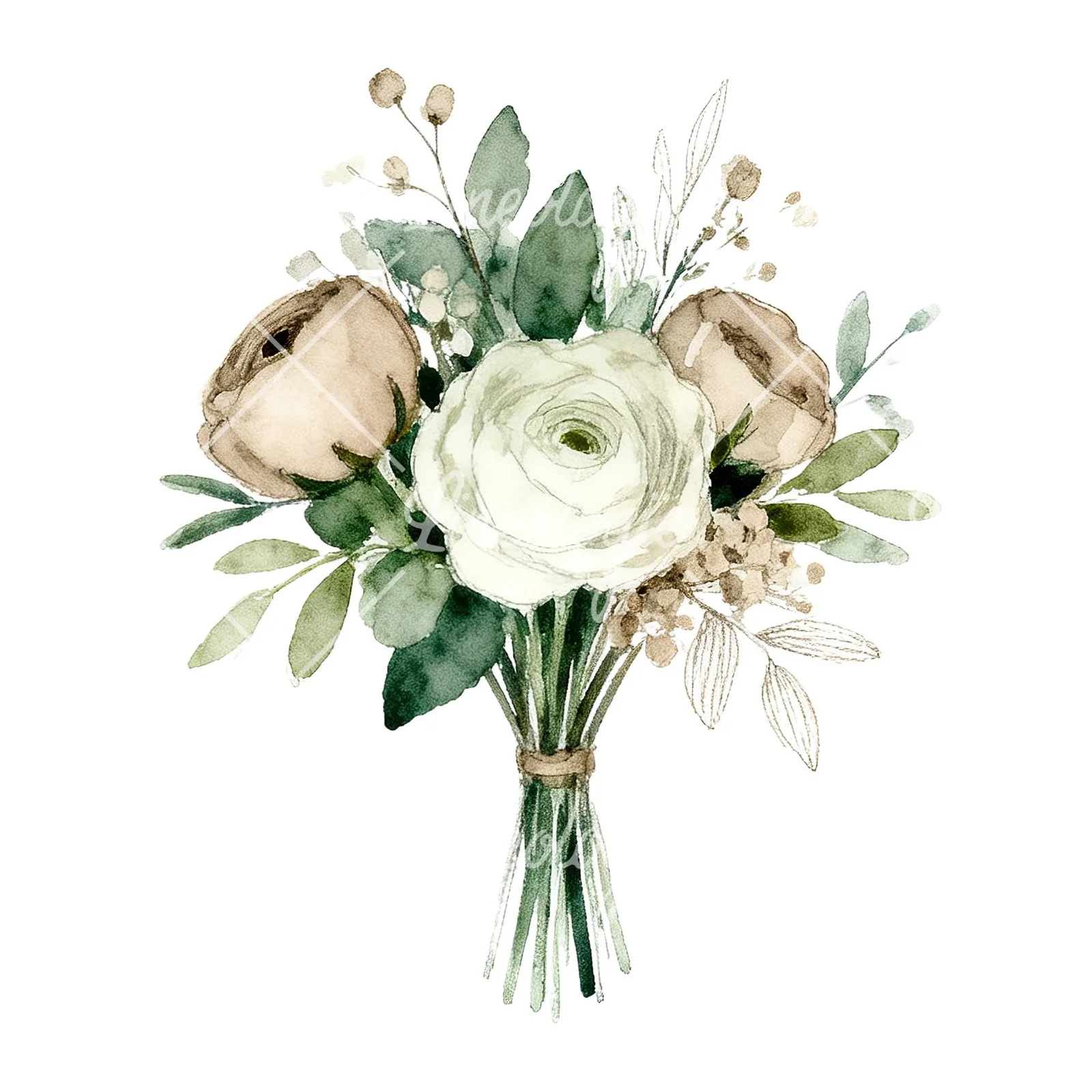 Watercolor sage green and taupe wedding bouquet clipart 6 of 9 on a white background (JPG)