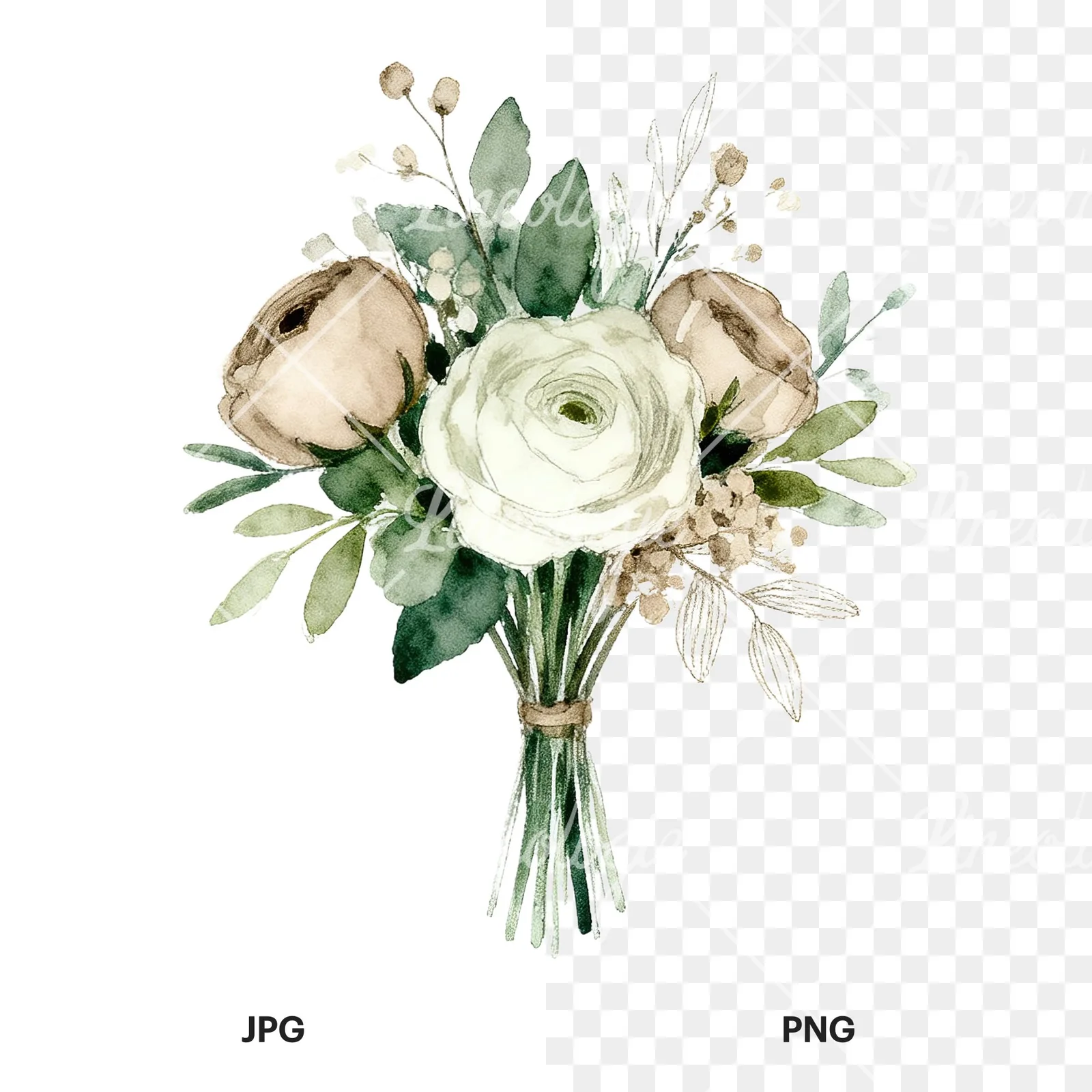 Watercolor sage green and taupe wedding bouquet clipart 6 of 9, as a JPG on white and a transparent PNG