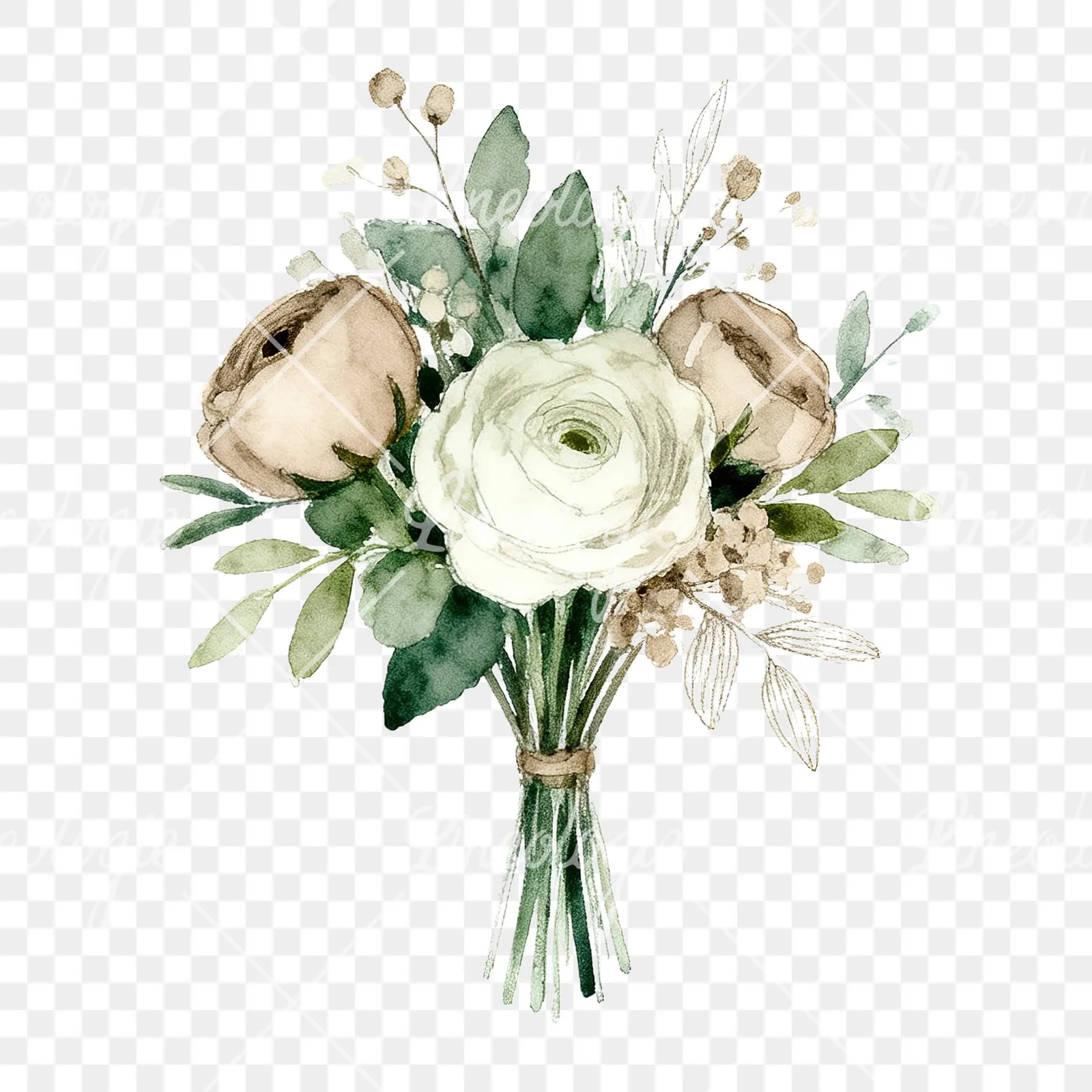 Watercolor sage green and taupe wedding bouquet clipart 6 of 9 on a transparent background (PNG)