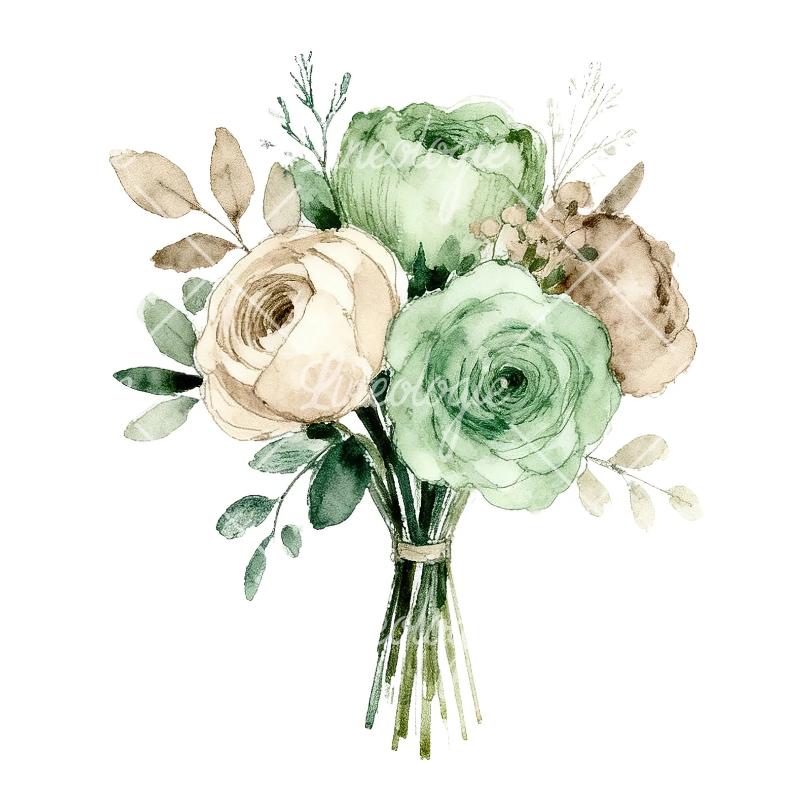 Watercolor sage green and taupe wedding bouquet clipart 7 of 9 on a white background (JPG)