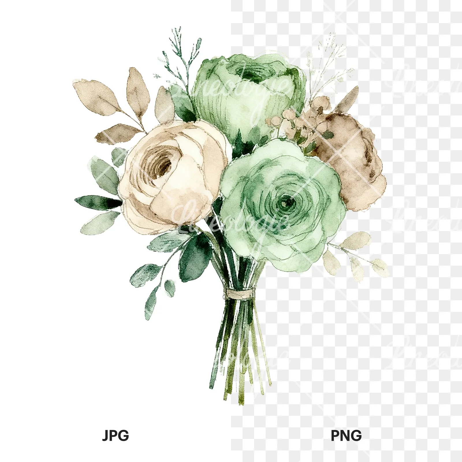 Watercolor sage green and taupe wedding bouquet clipart 7 of 9, as a JPG on white and a transparent PNG