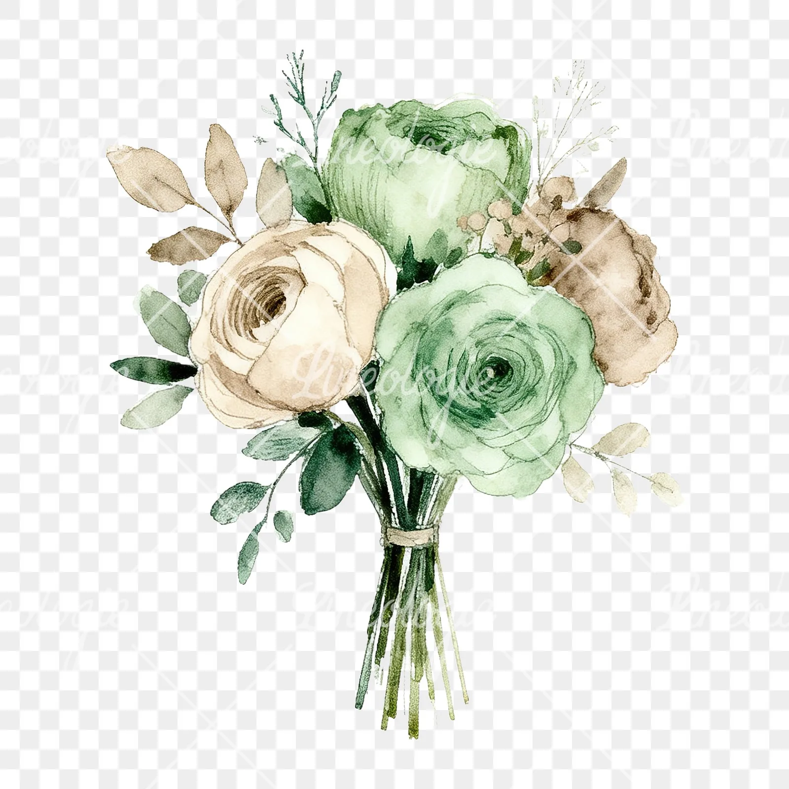 Watercolor sage green and taupe wedding bouquet clipart 7 of 9 on a transparent background (PNG)