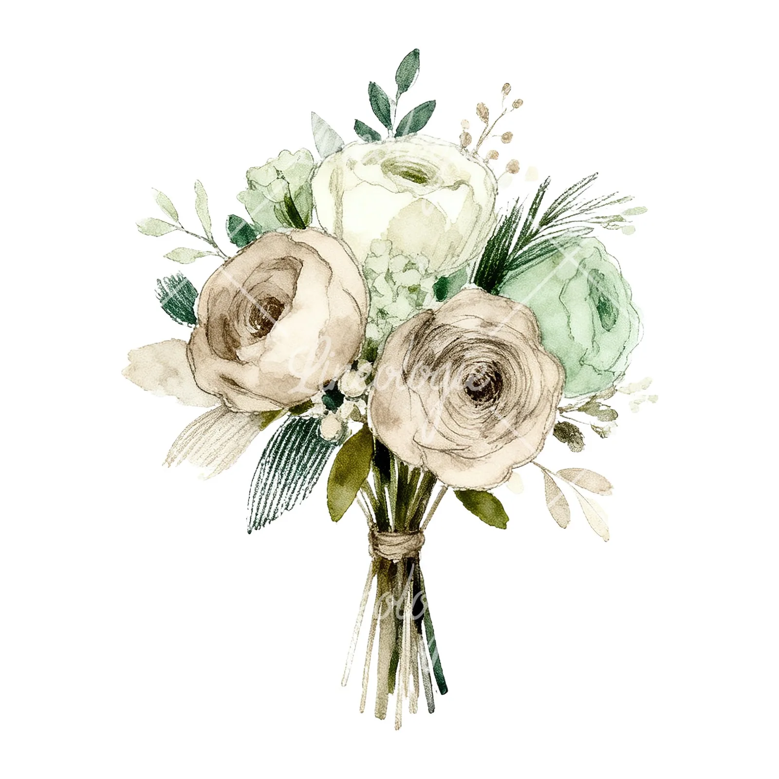 Watercolor sage green and taupe wedding bouquet clipart 8 of 9 on a white background (JPG)