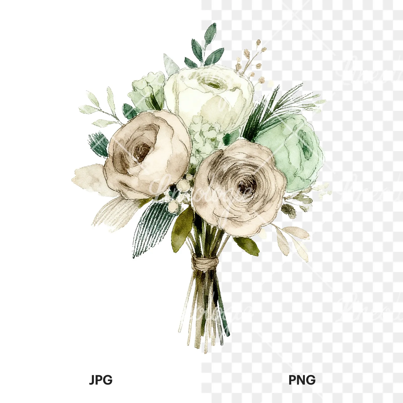 Watercolor sage green and taupe wedding bouquet clipart 8 of 9, as a JPG on white and a transparent PNG