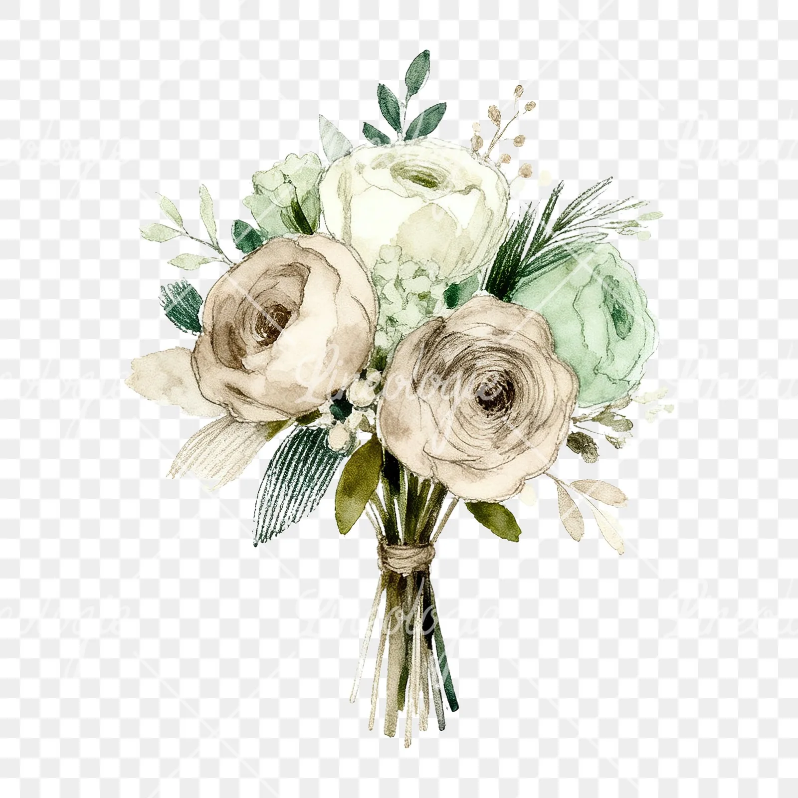 Watercolor sage green and taupe wedding bouquet clipart 8 of 9 on a transparent background (PNG)