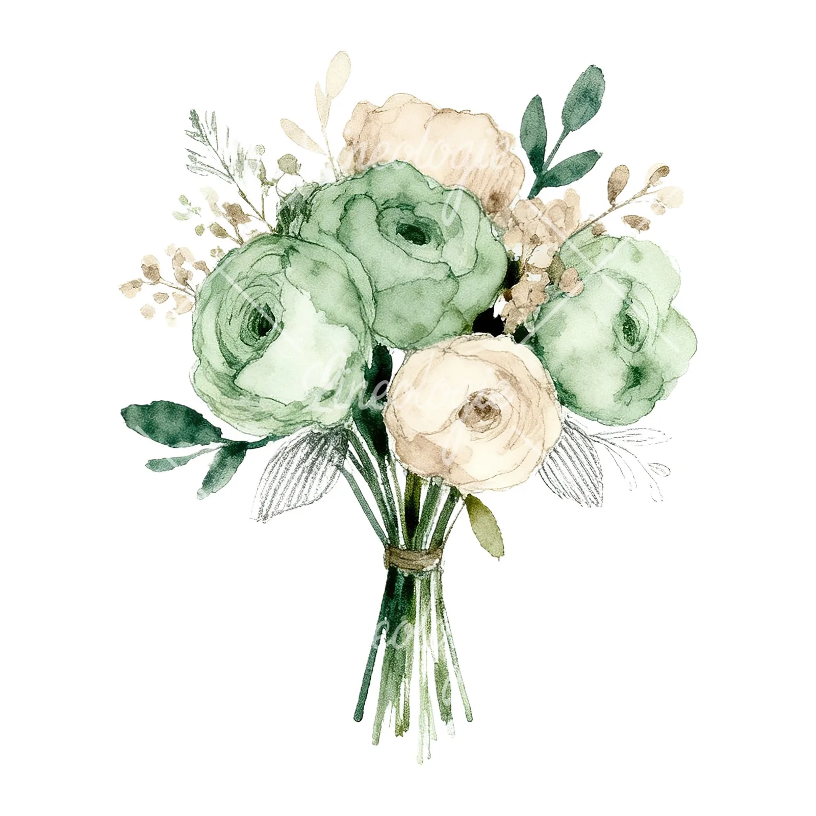 Watercolor sage green and taupe wedding bouquet clipart 9 of 9 on a white background (JPG)