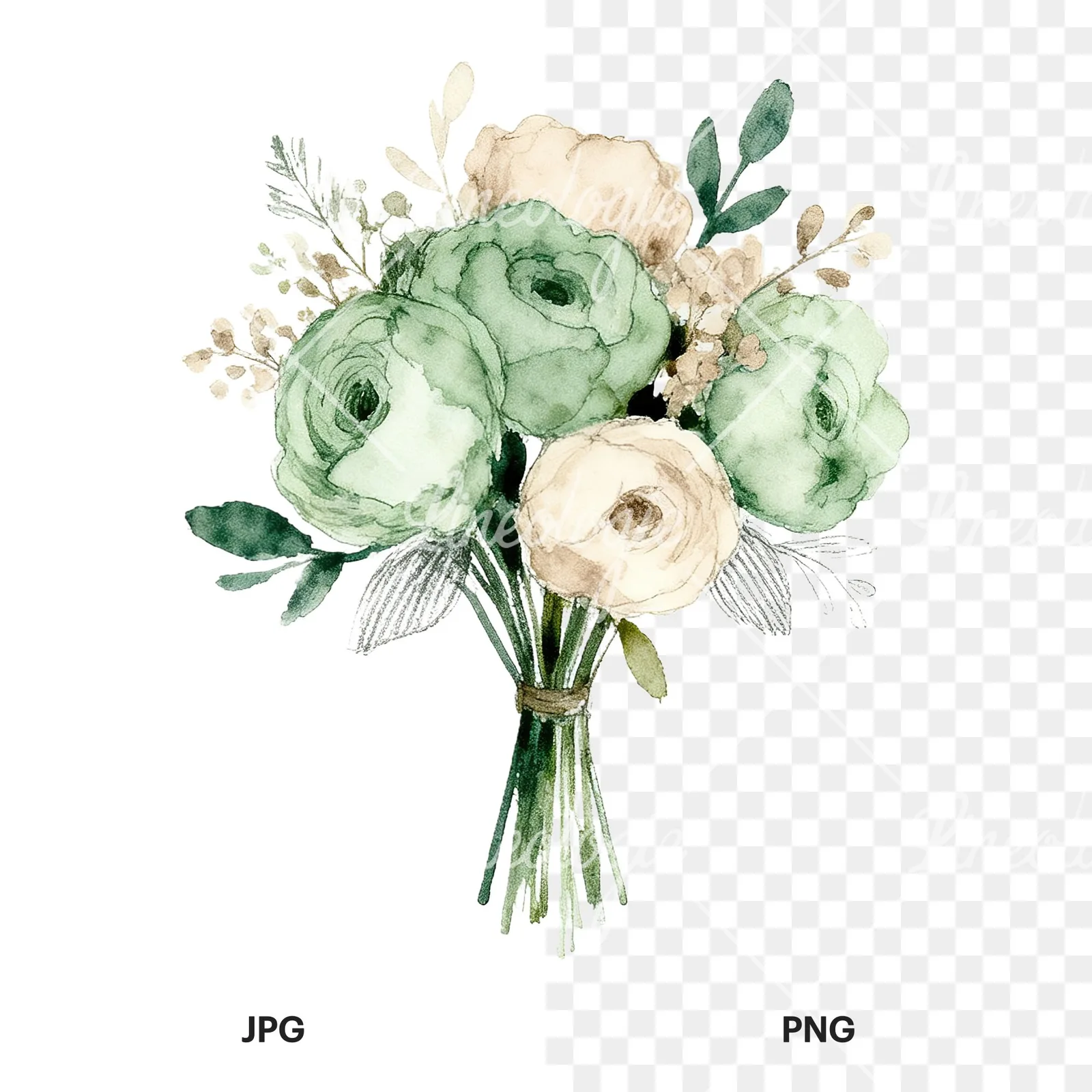 Watercolor sage green and taupe wedding bouquet clipart 9 of 9, as a JPG on white and a transparent PNG