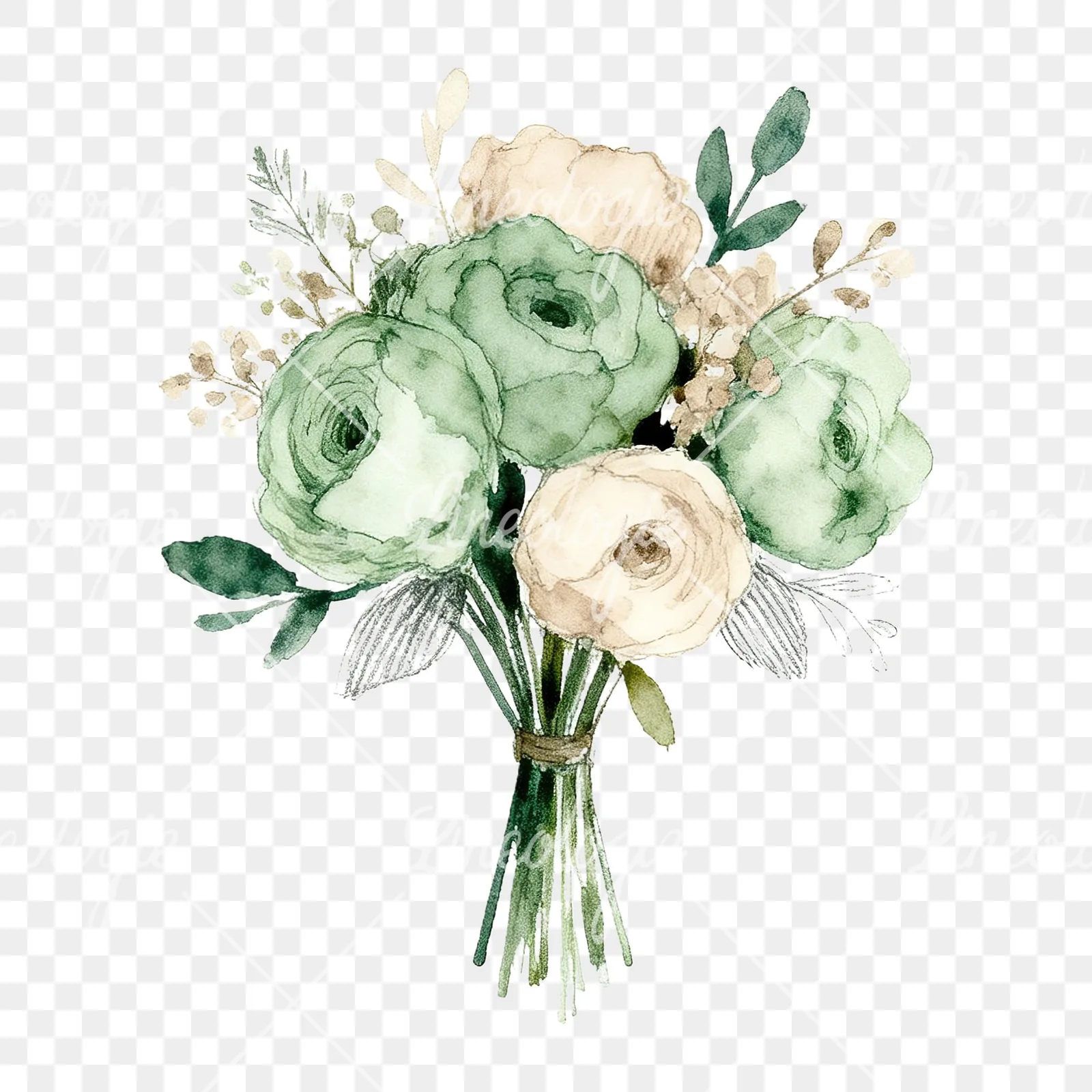 Watercolor sage green and taupe wedding bouquet clipart 9 of 9 on a transparent background (PNG)