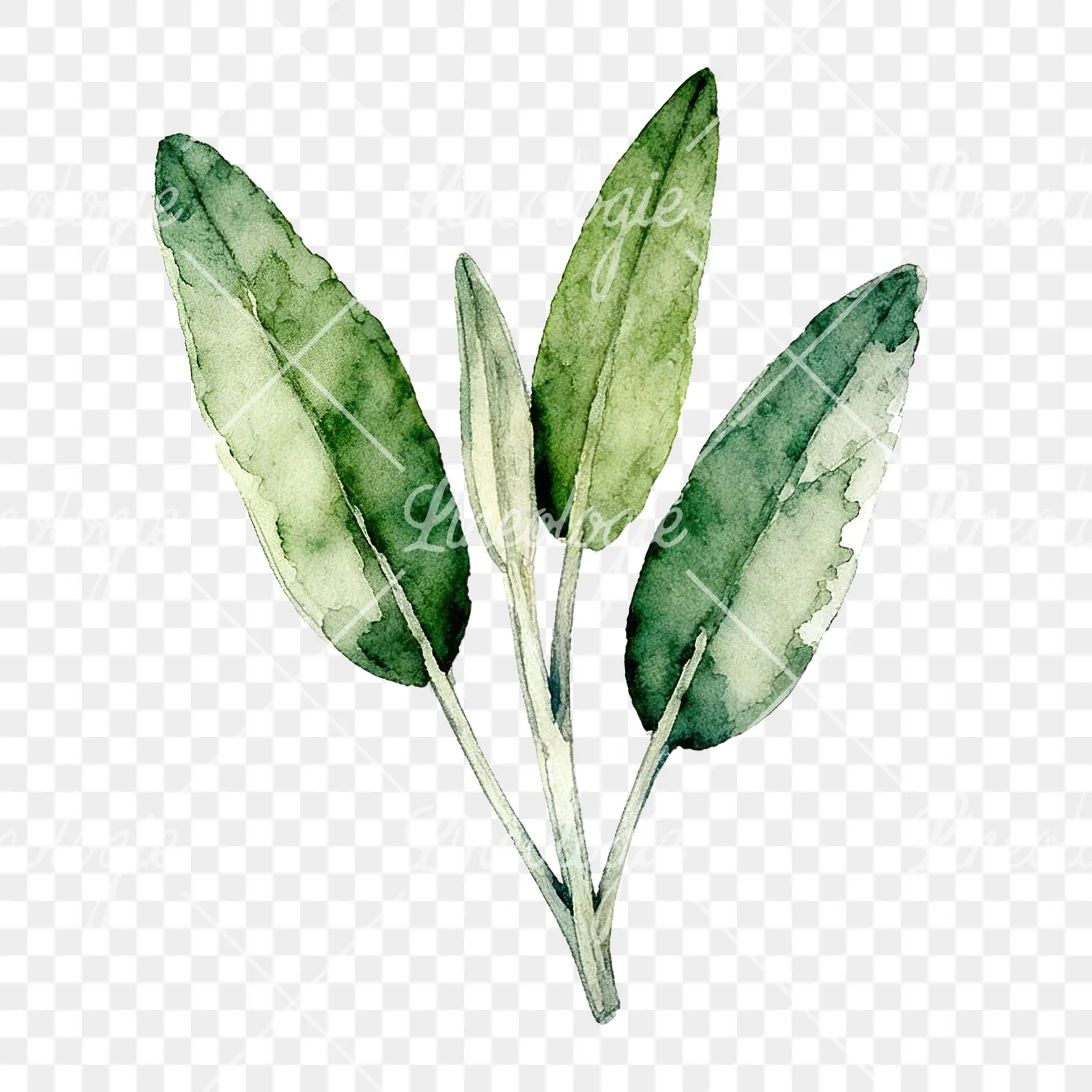 Watercolor speckled sage leaf clipart 1 of 9 on a transparent background (PNG)
