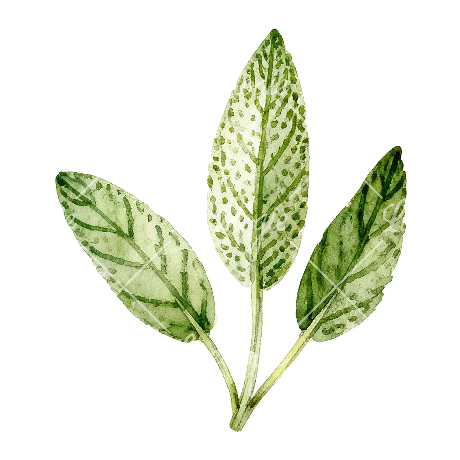 Watercolor speckled sage leaf clipart 3 of 9 on a white background (JPG)