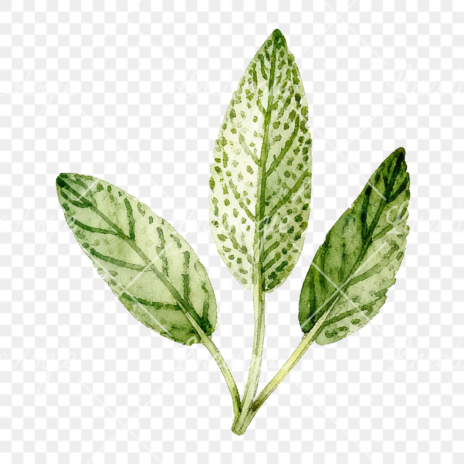 Watercolor speckled sage leaf clipart 3 of 9 on a transparent background (PNG)