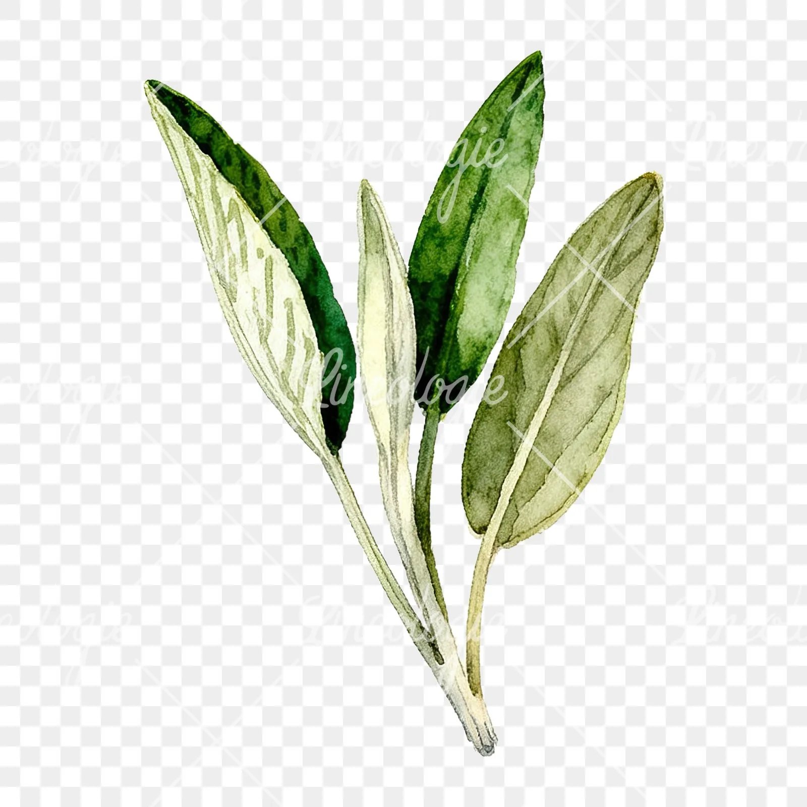 Watercolor speckled sage leaf clipart 4 of 9 on a transparent background (PNG)