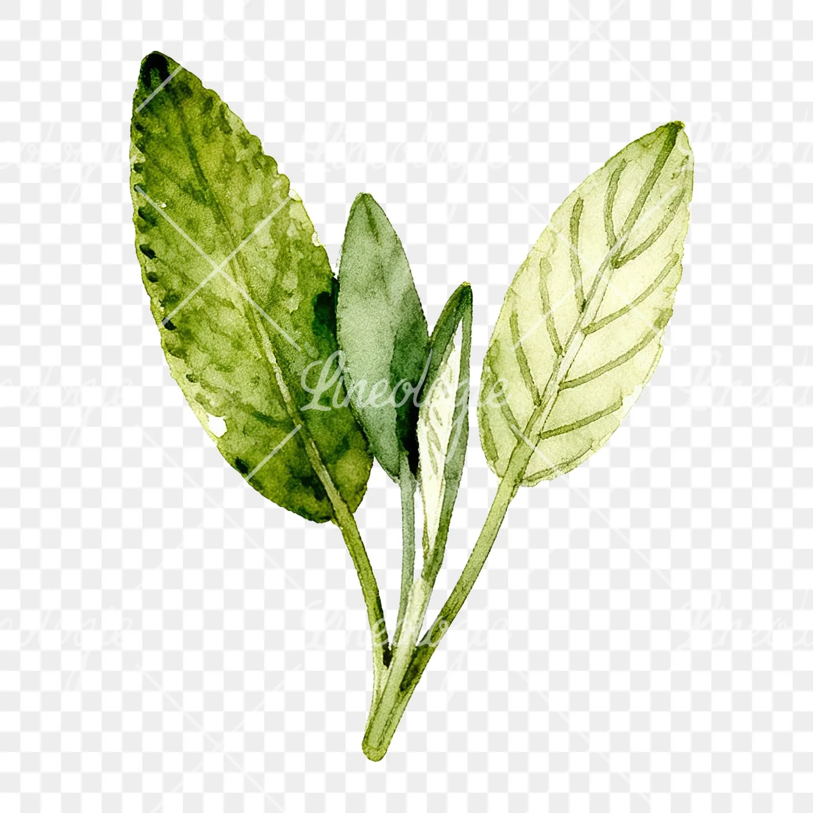 Watercolor speckled sage leaf clipart 6 of 9 on a transparent background (PNG)