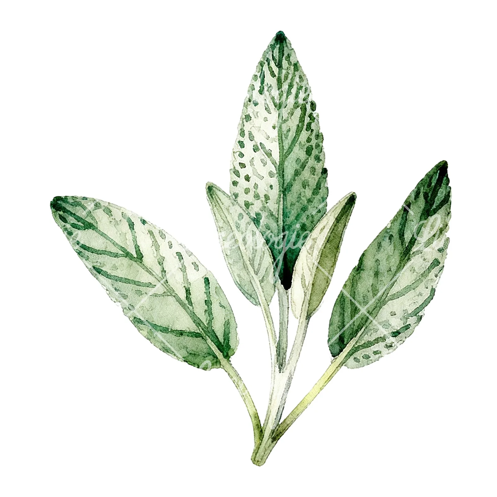 Watercolor speckled sage leaf clipart 9 of 9 on a white background (JPG)