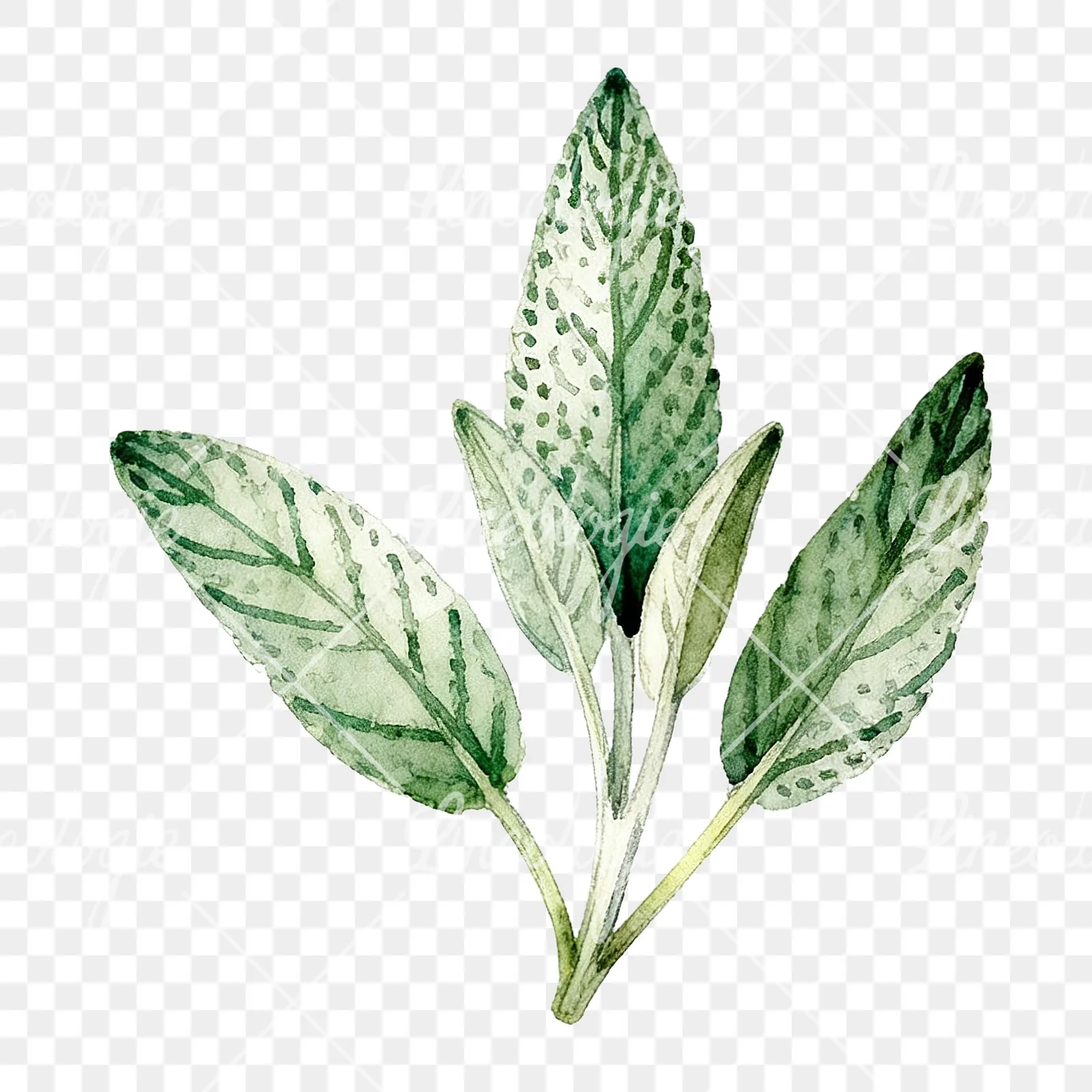 Watercolor speckled sage leaf clipart 9 of 9 on a transparent background (PNG)