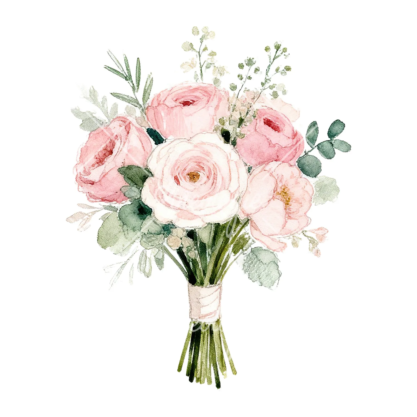 Watercolor soft pink and sage wedding bouquet clipart 1 of 9 on a white background (JPG)