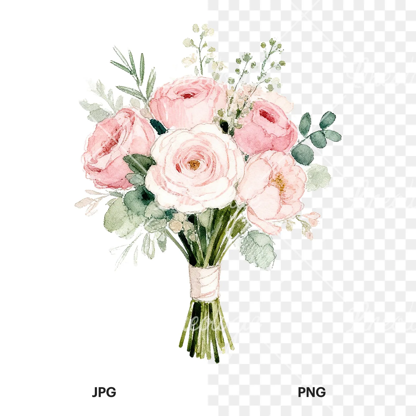 Watercolor soft pink and sage wedding bouquet clipart 1 of 9, as a JPG on white and a transparent PNG