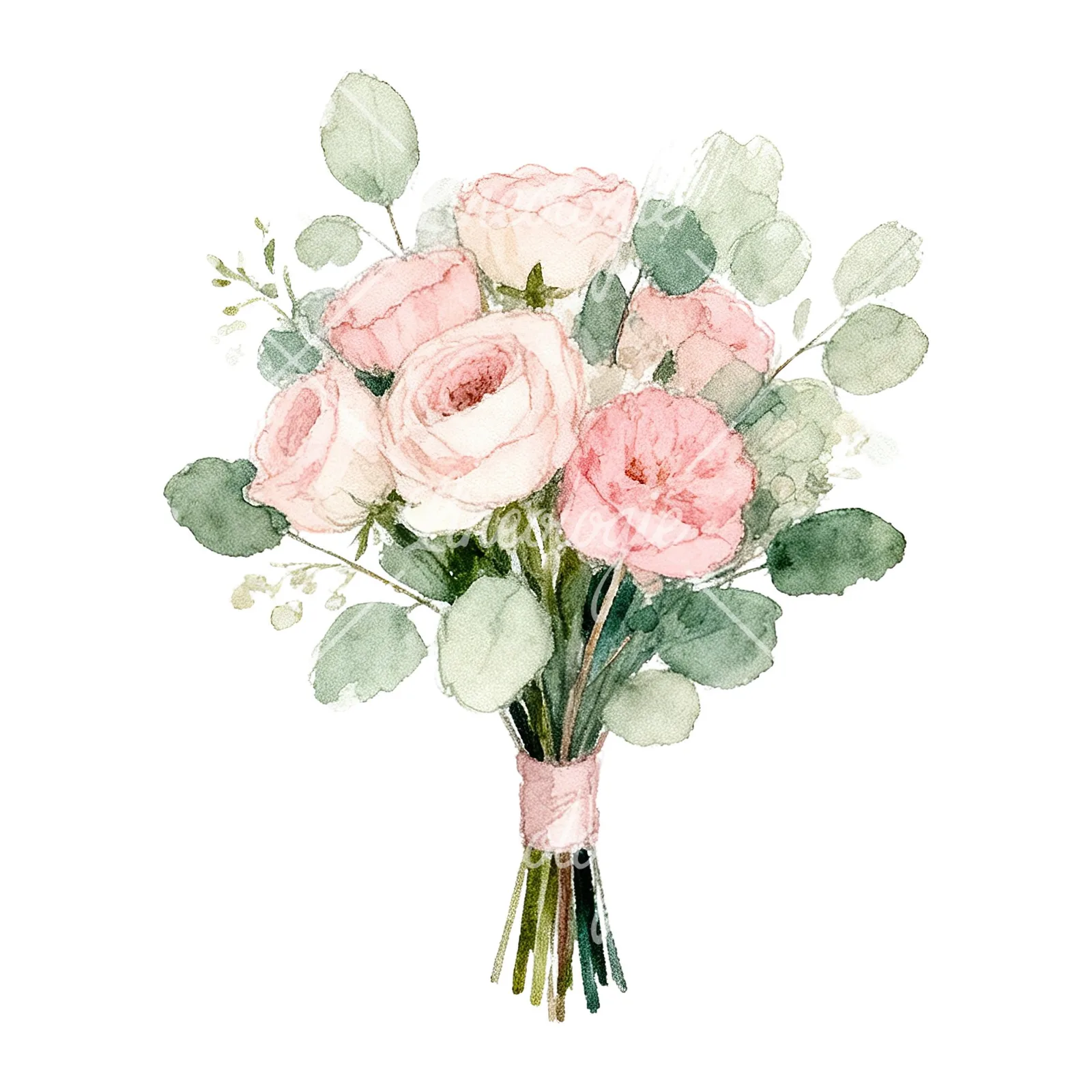 Watercolor soft pink and sage wedding bouquet clipart 2 of 9 on a white background (JPG)