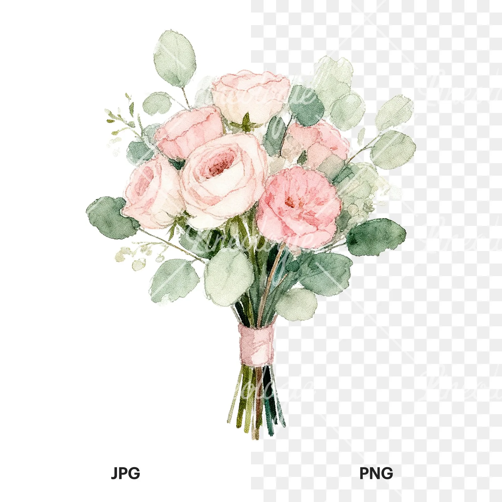 Watercolor soft pink and sage wedding bouquet clipart 2 of 9, as a JPG on white and a transparent PNG
