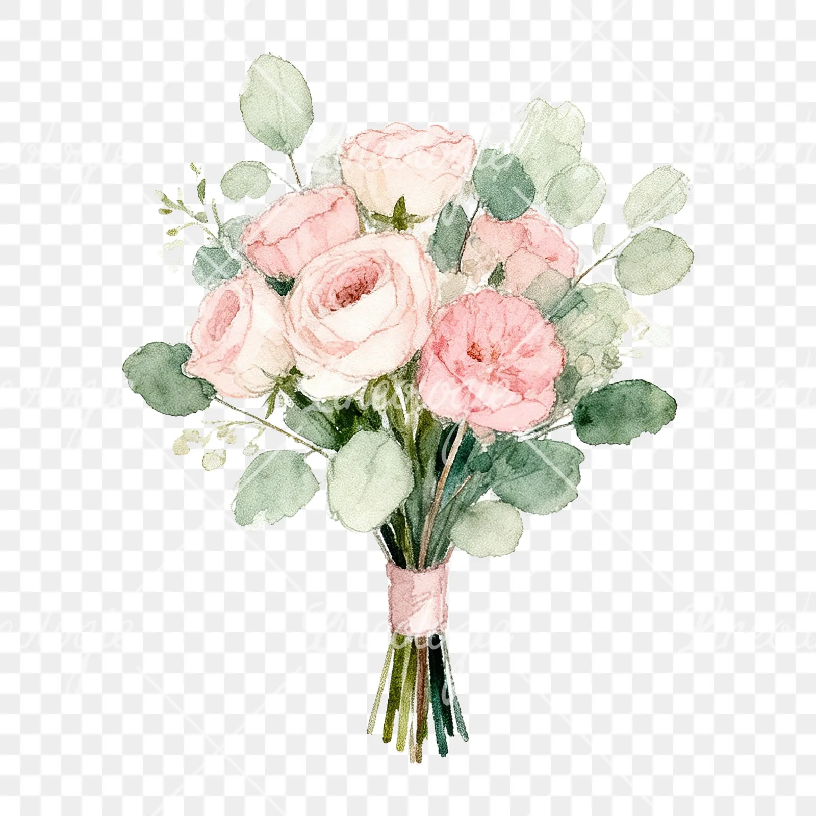 Watercolor soft pink and sage wedding bouquet clipart 2 of 9 on a transparent background (PNG)