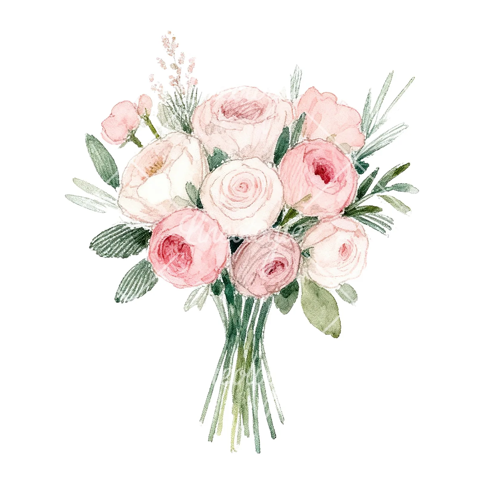 Watercolor soft pink and sage wedding bouquet clipart 3 of 9 on a white background (JPG)