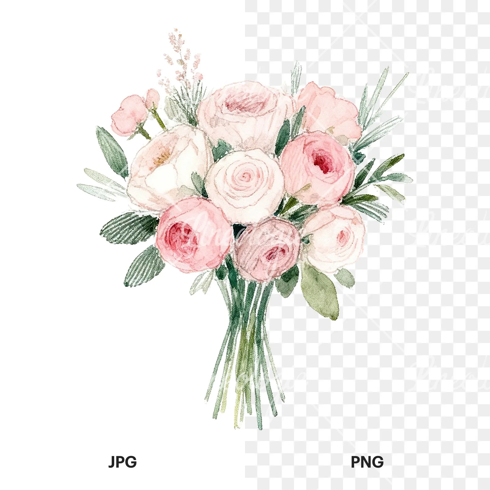 Watercolor soft pink and sage wedding bouquet clipart 3 of 9, as a JPG on white and a transparent PNG