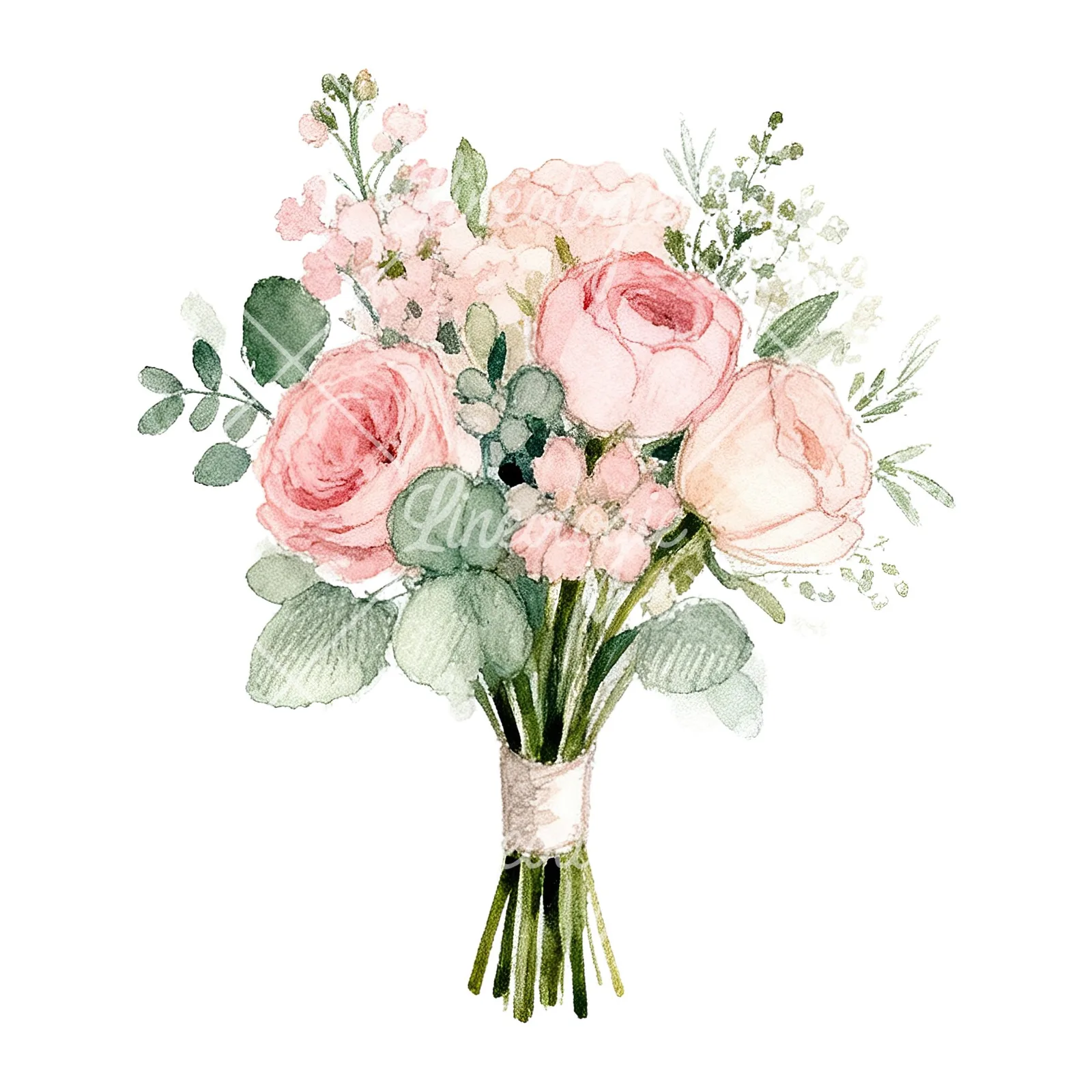 Watercolor soft pink and sage wedding bouquet clipart 4 of 9 on a white background (JPG)