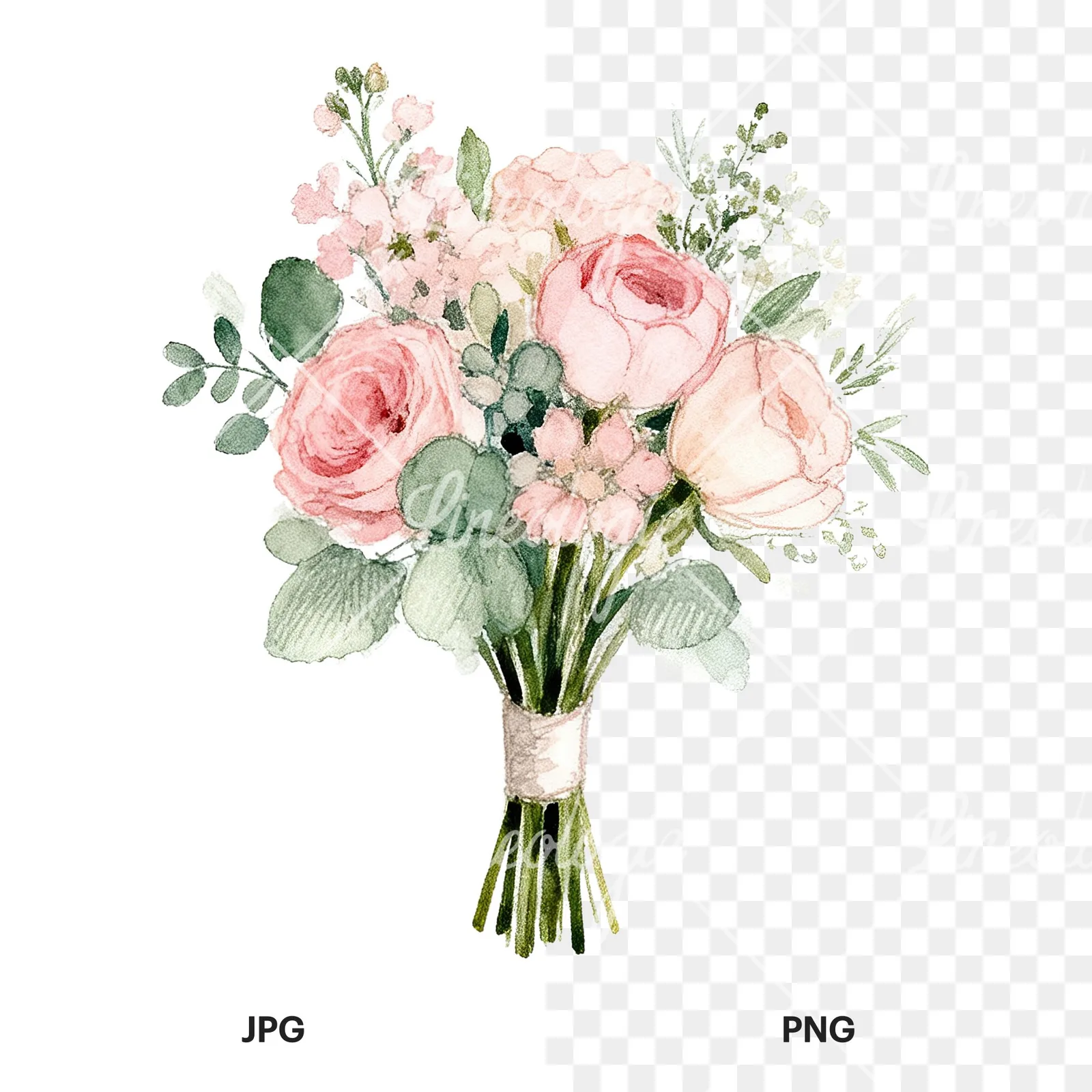 Watercolor soft pink and sage wedding bouquet clipart 4 of 9, as a JPG on white and a transparent PNG