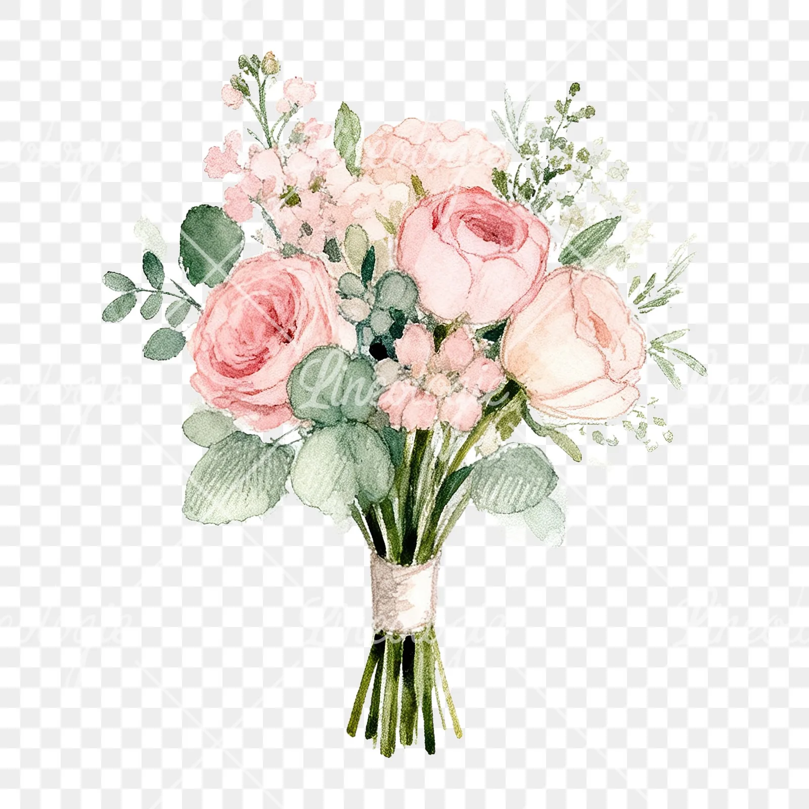 Watercolor soft pink and sage wedding bouquet clipart 4 of 9 on a transparent background (PNG)