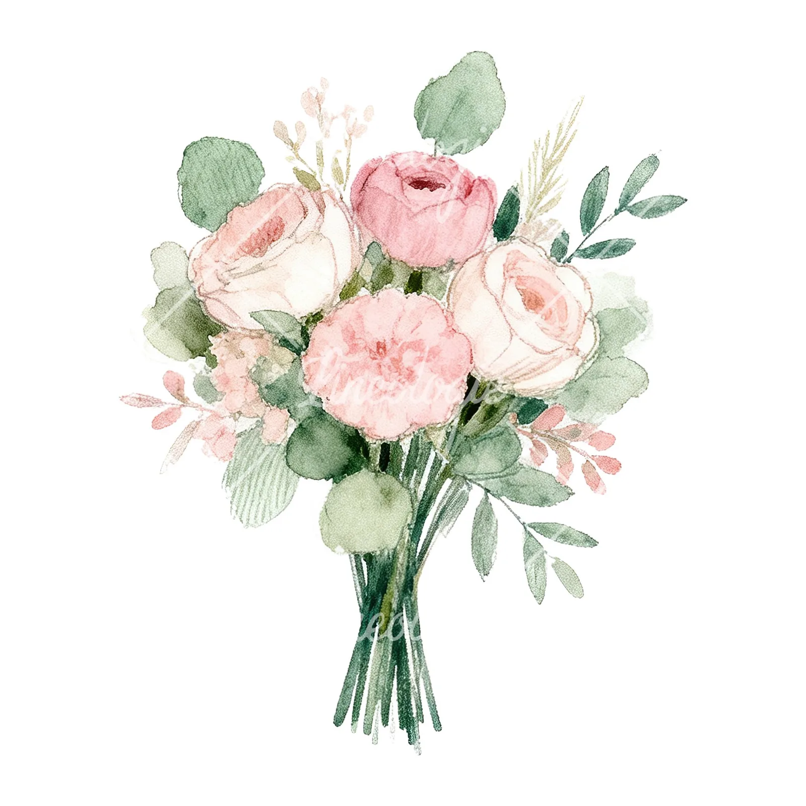 Watercolor soft pink and sage wedding bouquet clipart 5 of 9 on a white background (JPG)