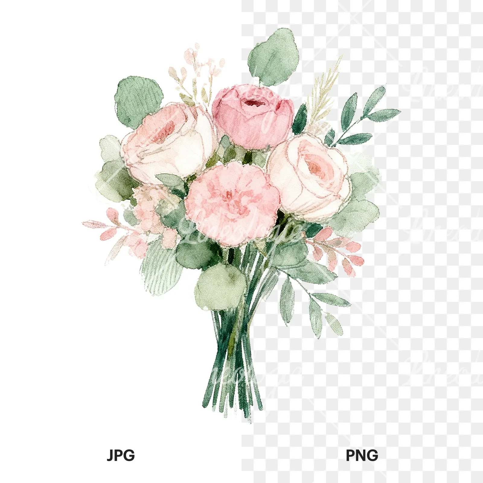 Watercolor soft pink and sage wedding bouquet clipart 5 of 9, as a JPG on white and a transparent PNG