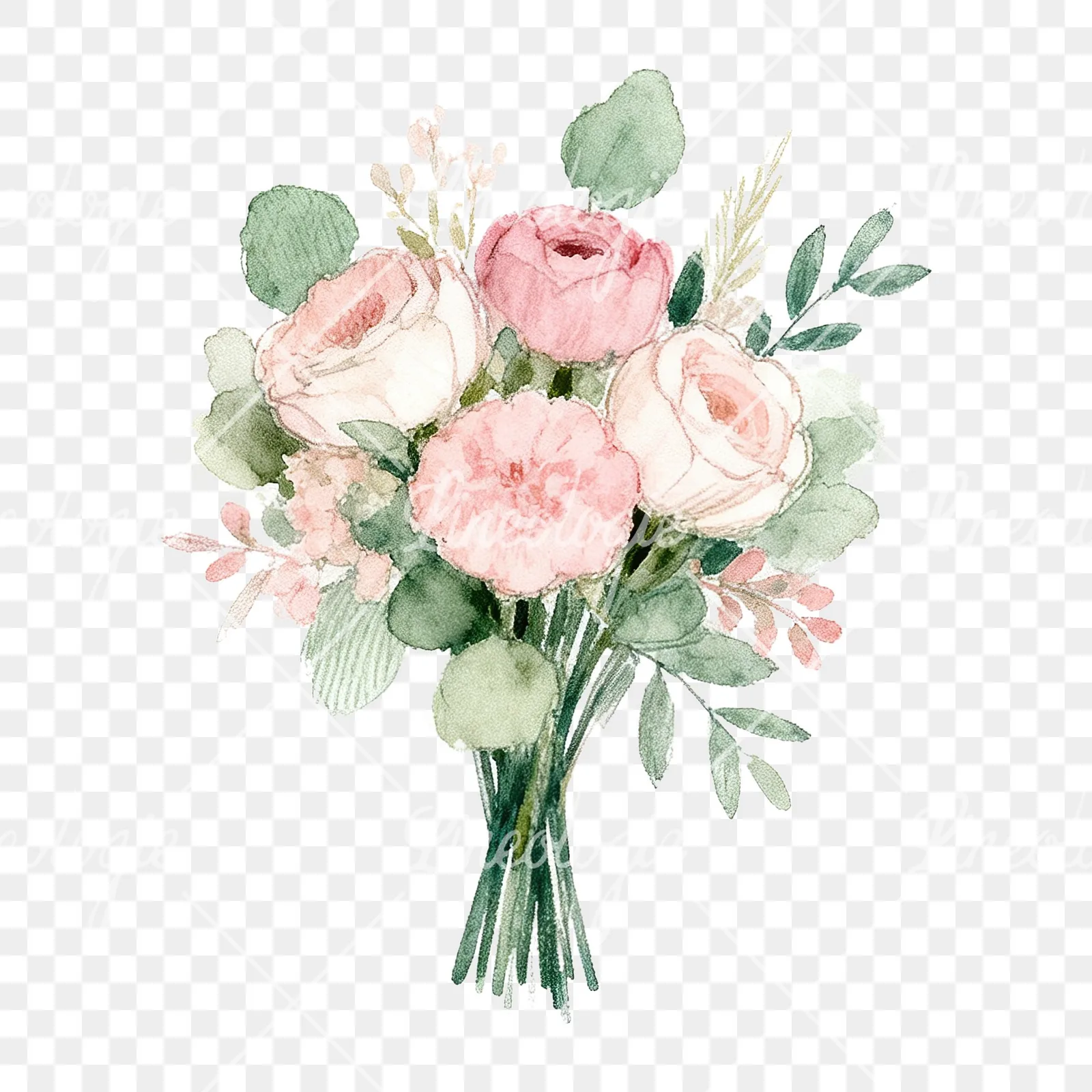 Watercolor soft pink and sage wedding bouquet clipart 5 of 9 on a transparent background (PNG)