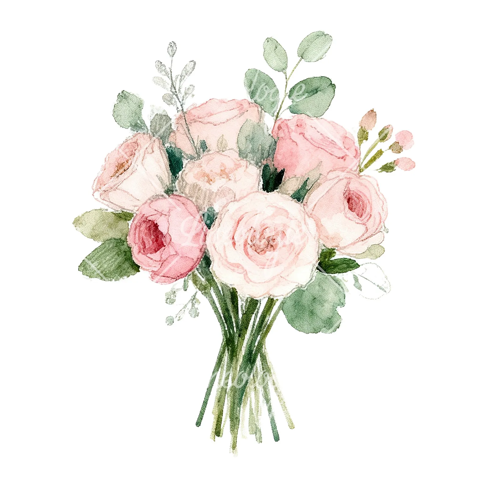 Watercolor soft pink and sage wedding bouquet clipart 6 of 9 on a white background (JPG)