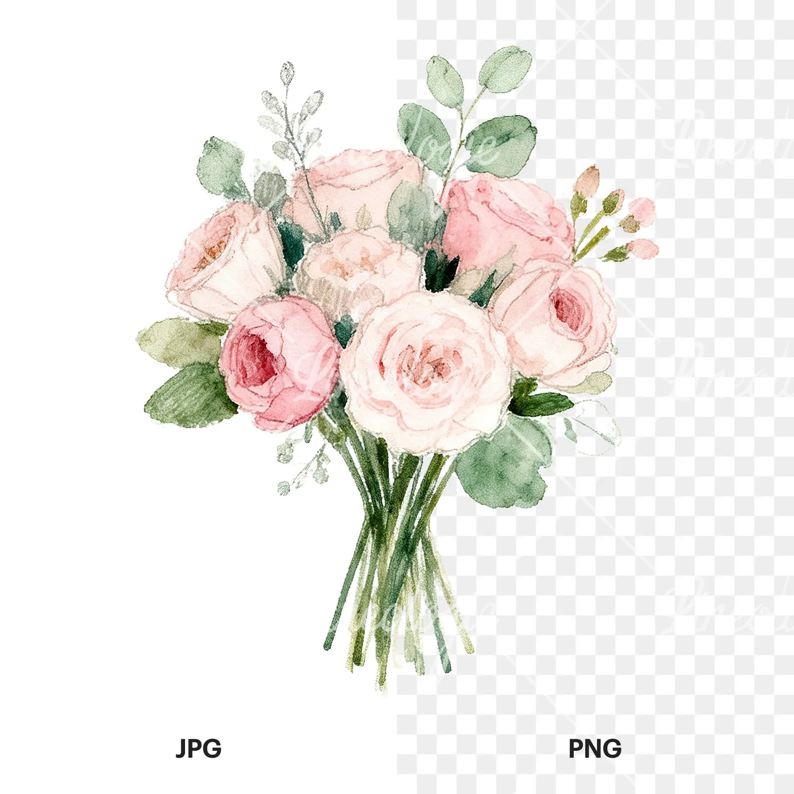 Watercolor soft pink and sage wedding bouquet clipart 6 of 9, as a JPG on white and a transparent PNG