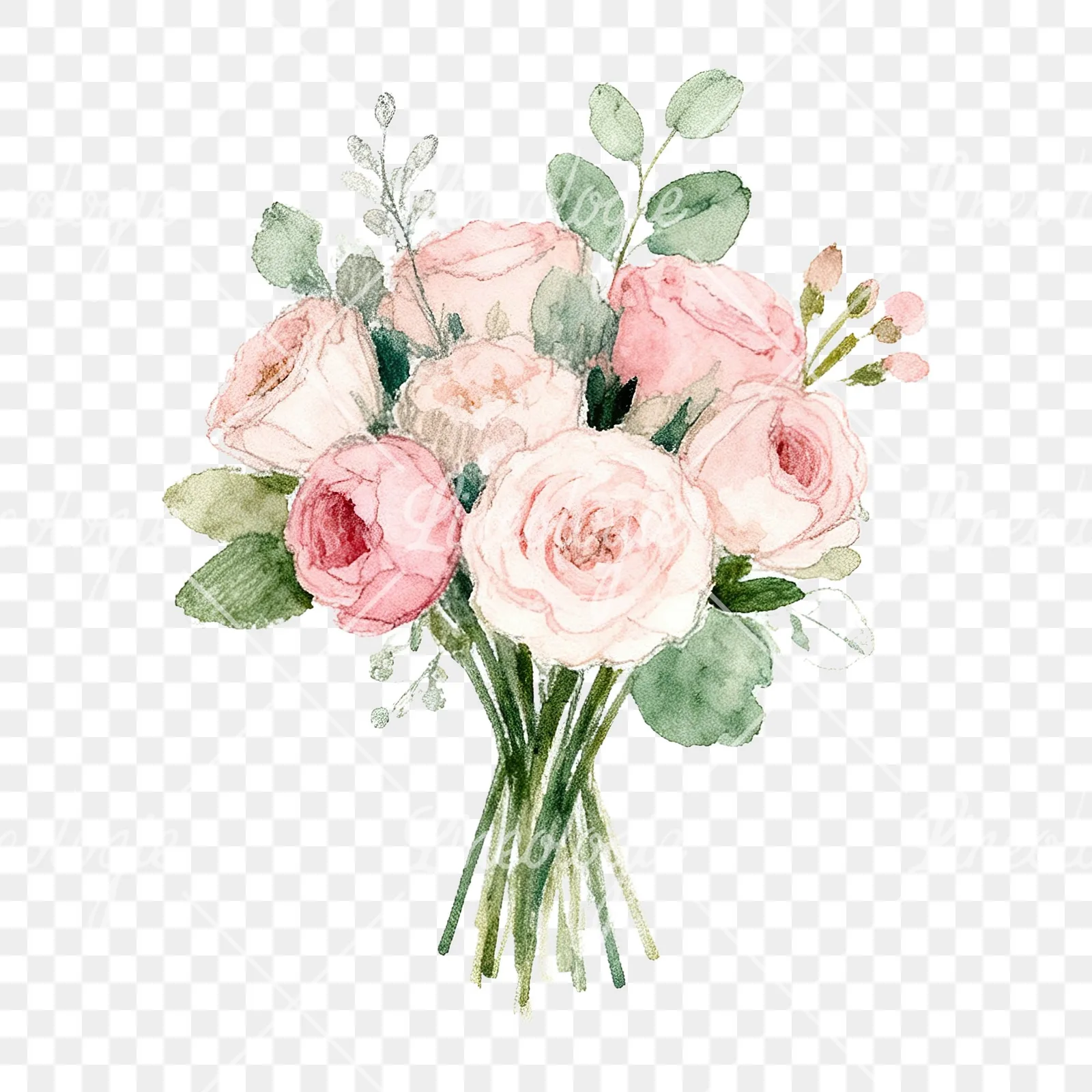 Watercolor soft pink and sage wedding bouquet clipart 6 of 9 on a transparent background (PNG)