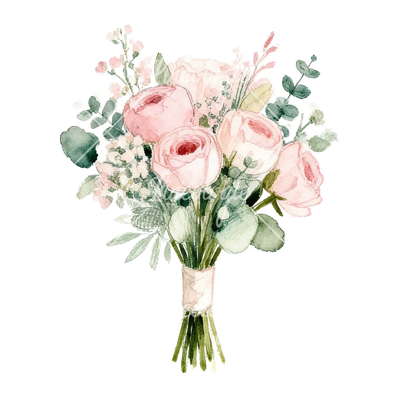 Watercolor soft pink and sage wedding bouquet clipart 7 of 9 on a white background (JPG)